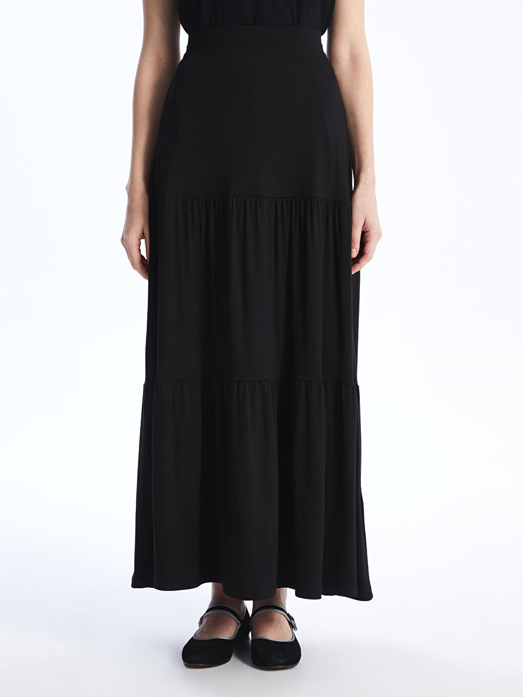 Siyah Beli Lastikli Düz A Kesim Kadın Etek-3