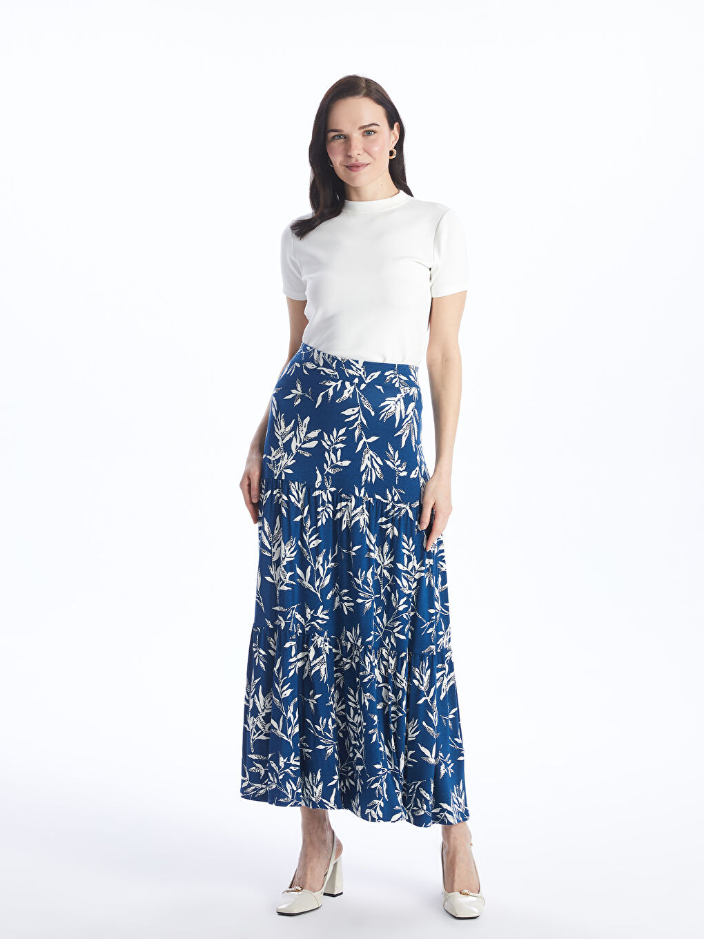 Mavi Beli Lastikli Desenli A Kesim Kadın Etek-1