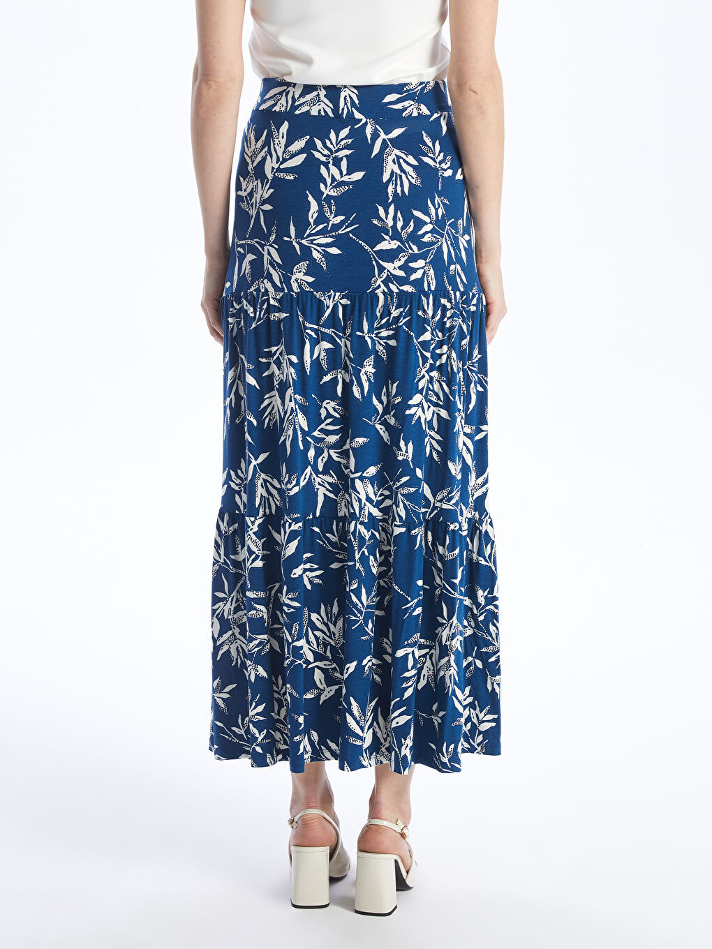 Mavi Beli Lastikli Desenli A Kesim Kadın Etek-4