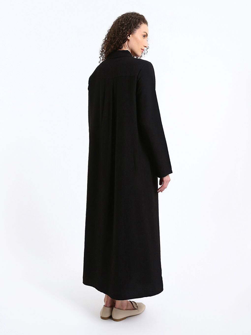 Shirt Collar Plain Long Sleeve Linen-Look Women's Abaya-8