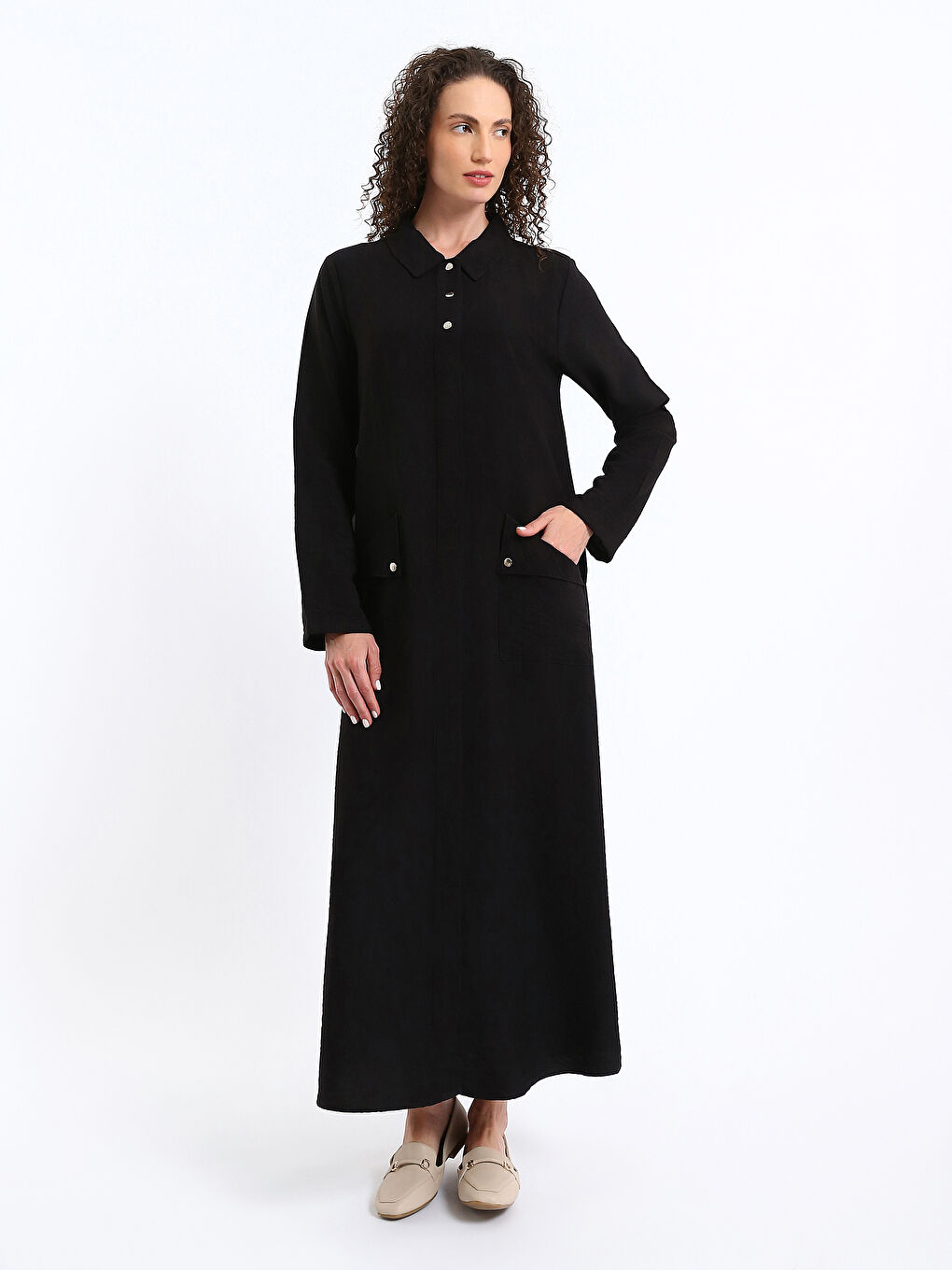 Shirt Collar Plain Long Sleeve Linen-Look Women's Abaya-1