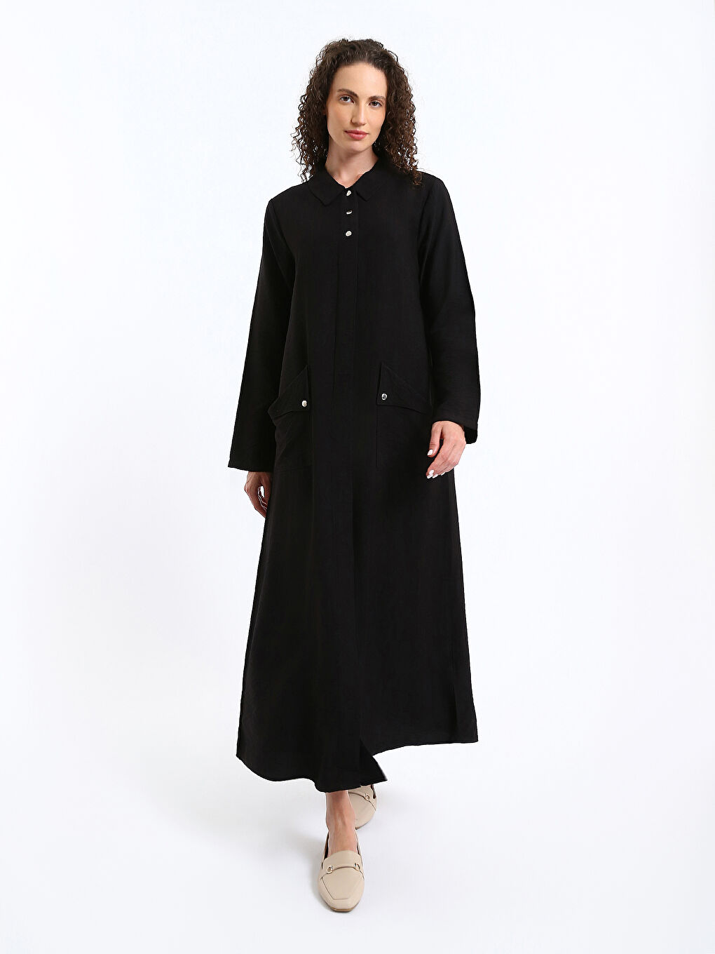 Shirt Collar Plain Long Sleeve Linen-Look Women's Abaya-2