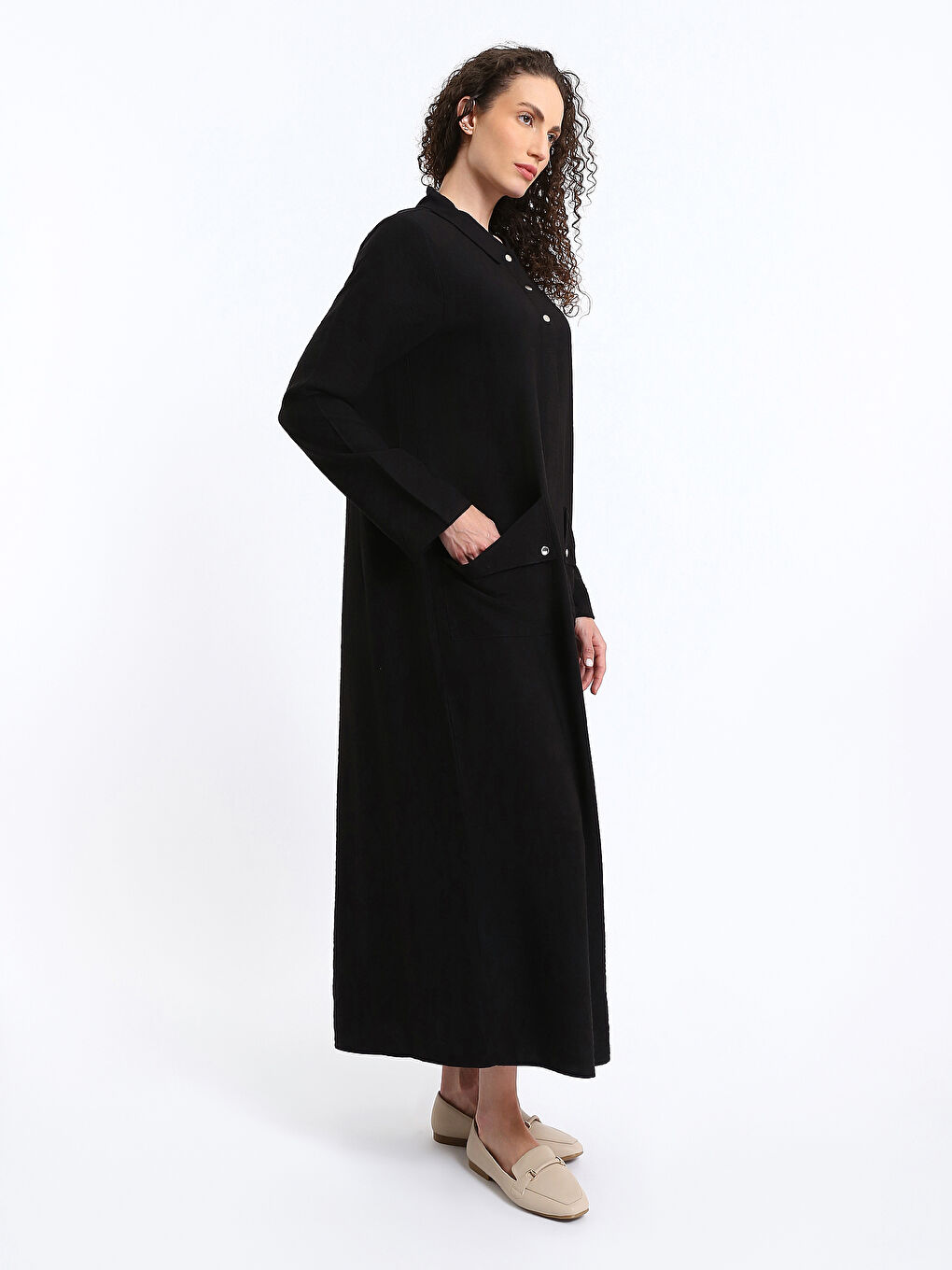 Shirt Collar Plain Long Sleeve Linen-Look Women's Abaya-6