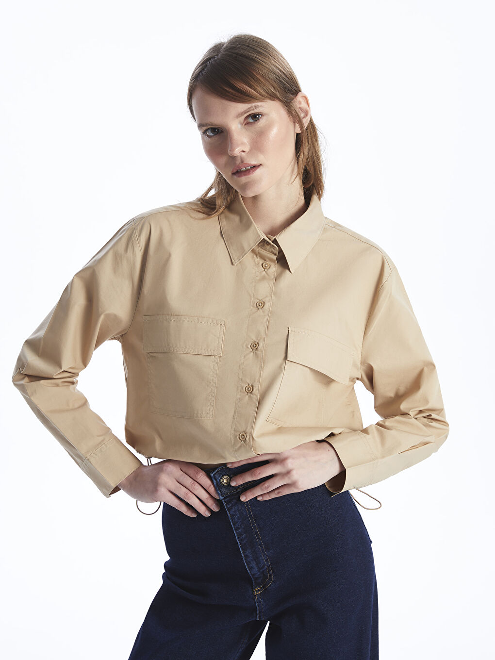 әйелдерге арналған қысқартылған поплин жейде