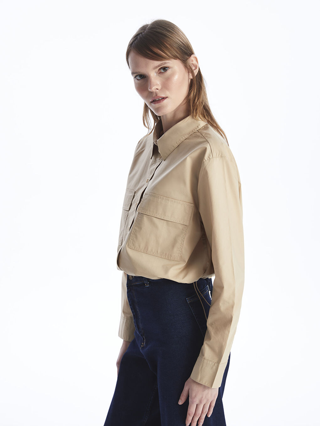 әйелдерге арналған қысқартылған поплин жейде-1