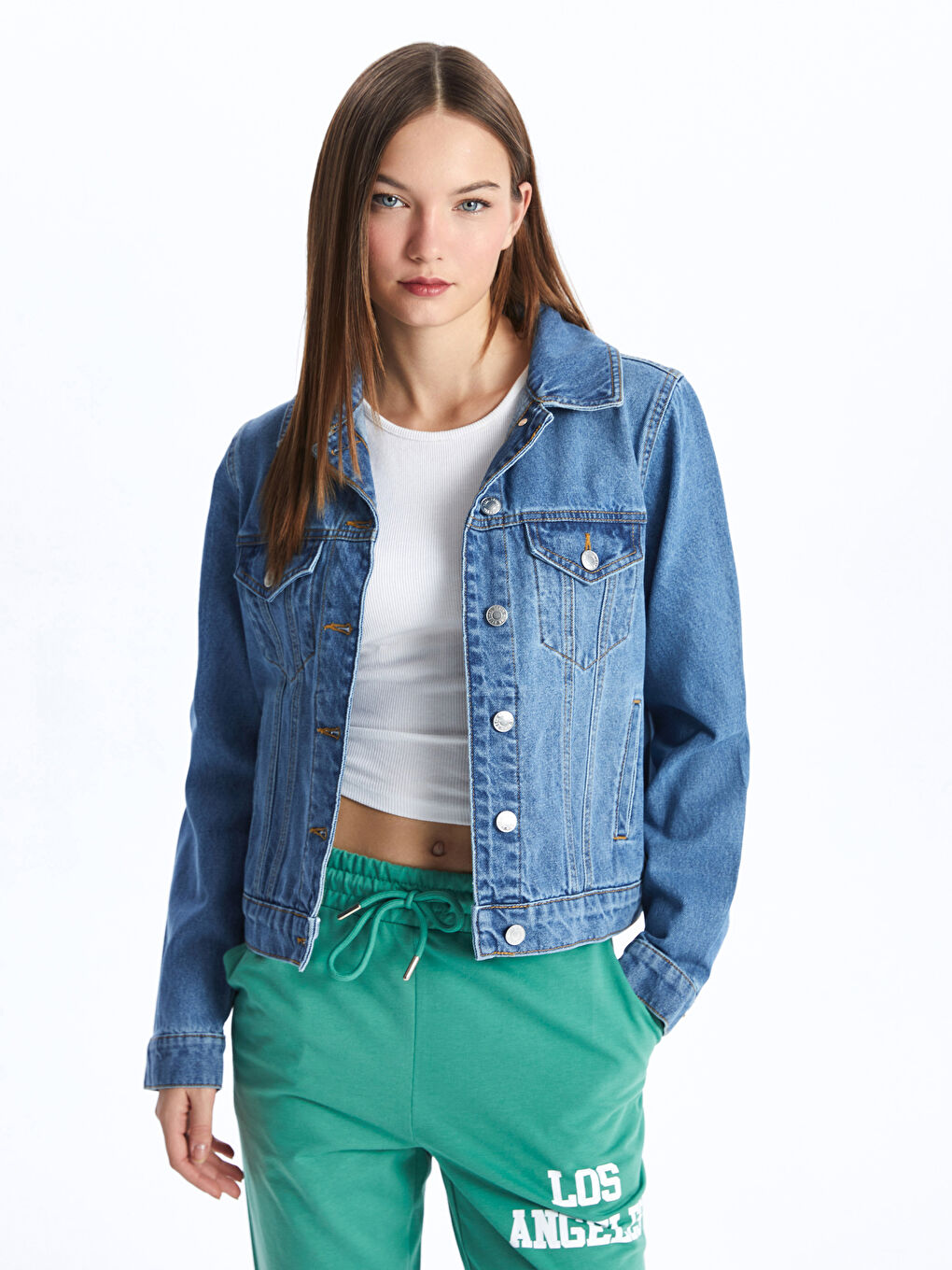 Однотонная джинсовая куртка с длинным рукавом для женщин