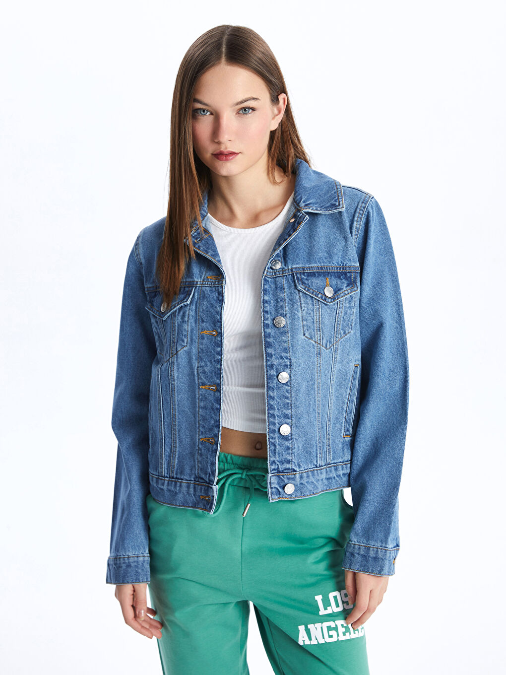 Однотонная джинсовая куртка с длинным рукавом для женщин-1