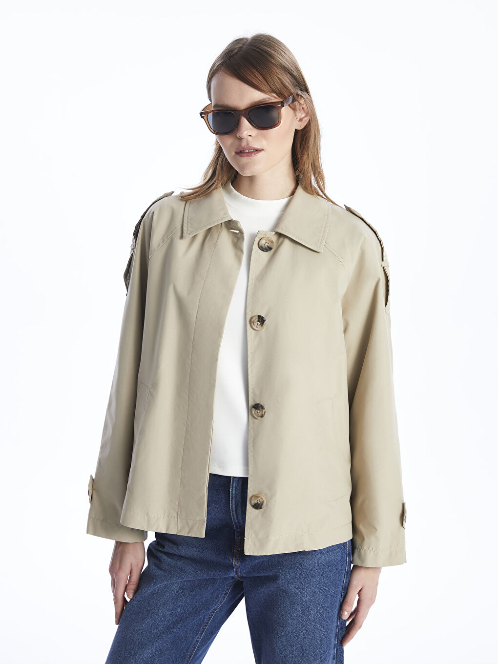 Women's Shirt Collar Plain Trench Coat -S46237Z8-VHS