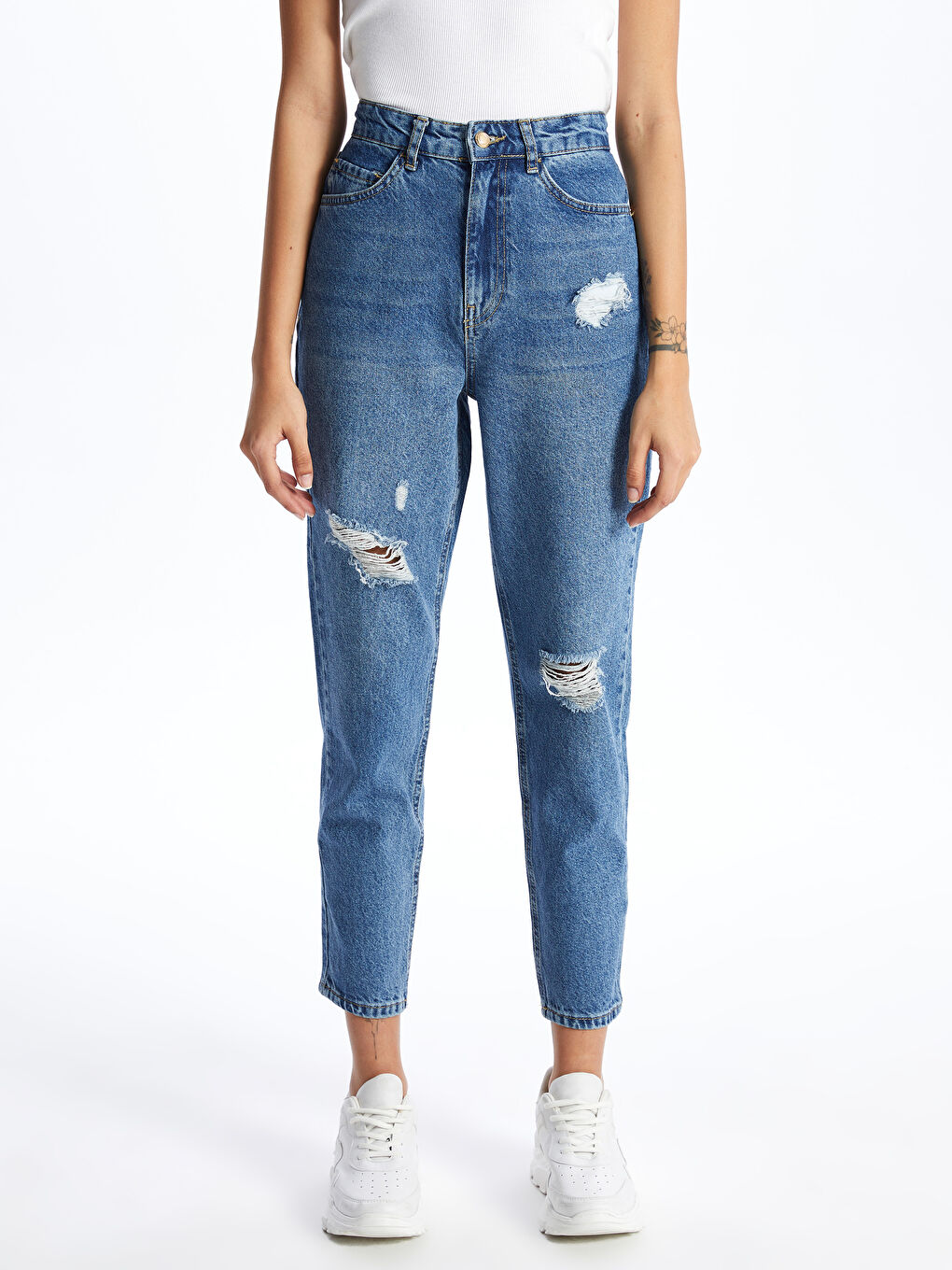 LCW Jeans Orta İndigo Rodeo Mom Fit Yırtık Detaylı Kadın Jean Pantolon - 3