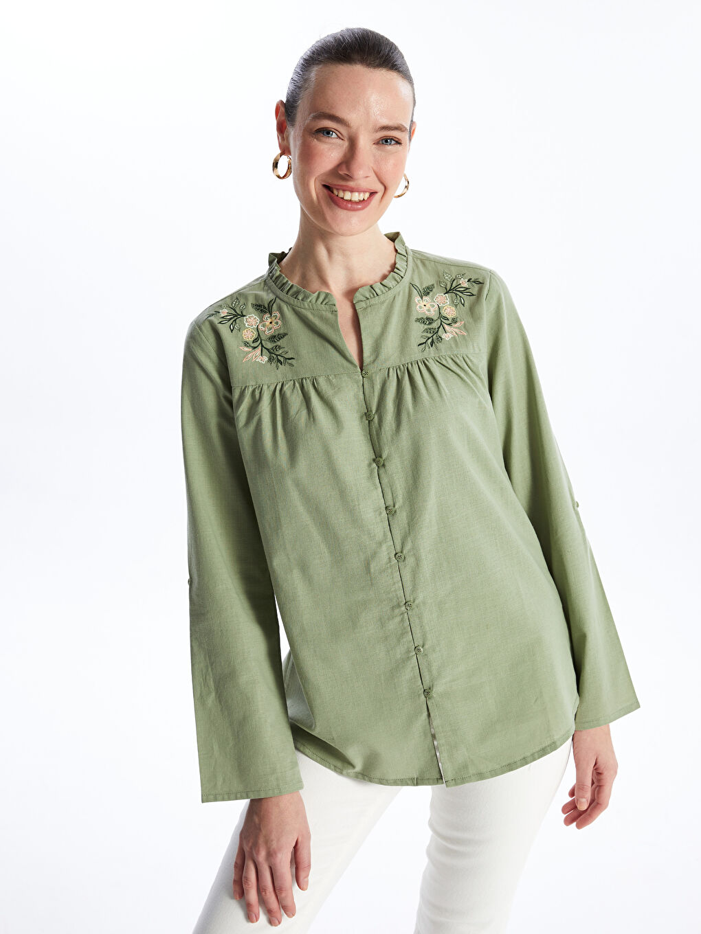 Ruffled Henley Neckline Embroidery Long Sleeve Women's Blouse -S46439Z8-GUY