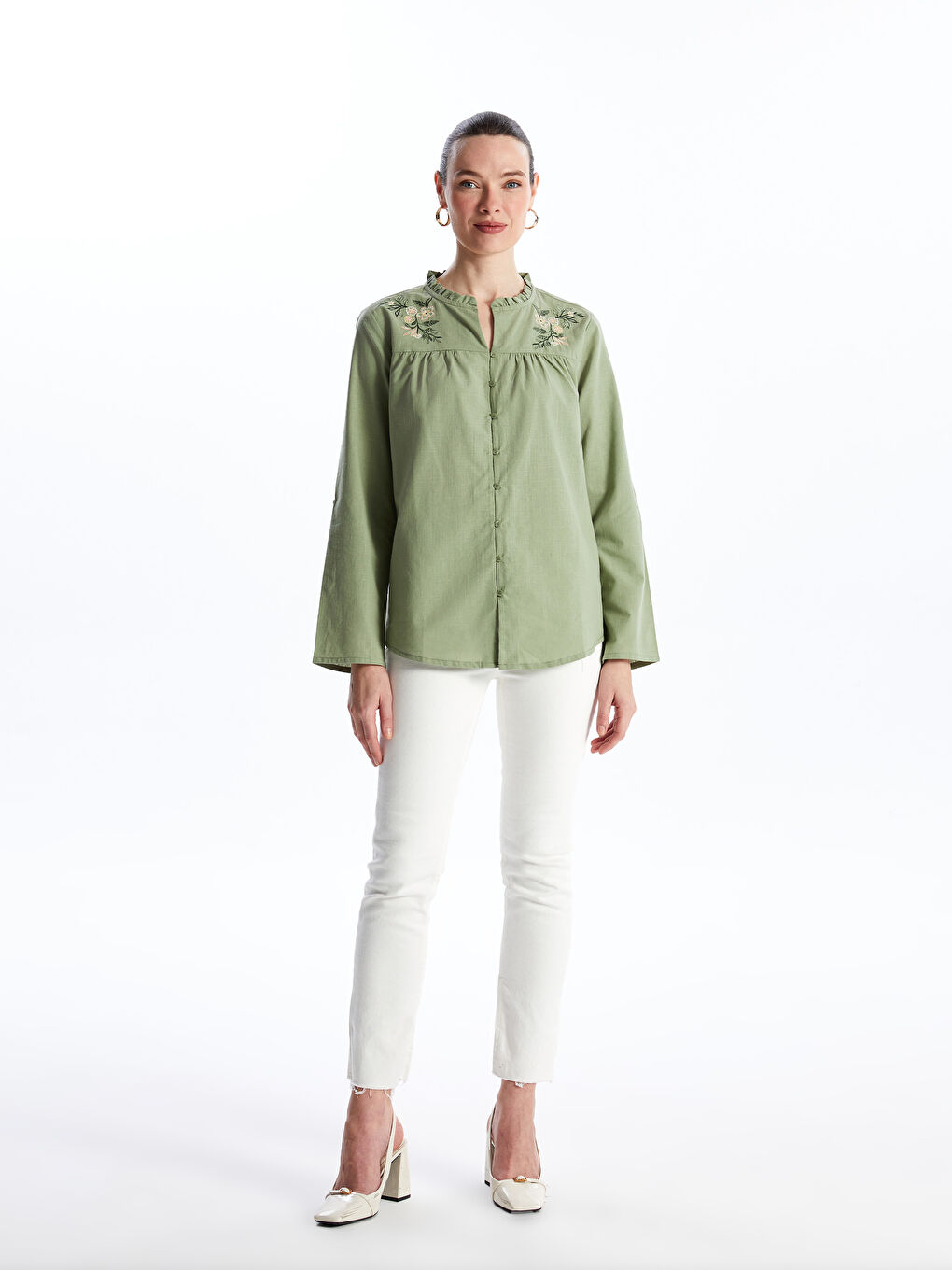 Ruffled Henley Neckline Embroidery Long Sleeve Women's Blouse -S46439Z8-GUY