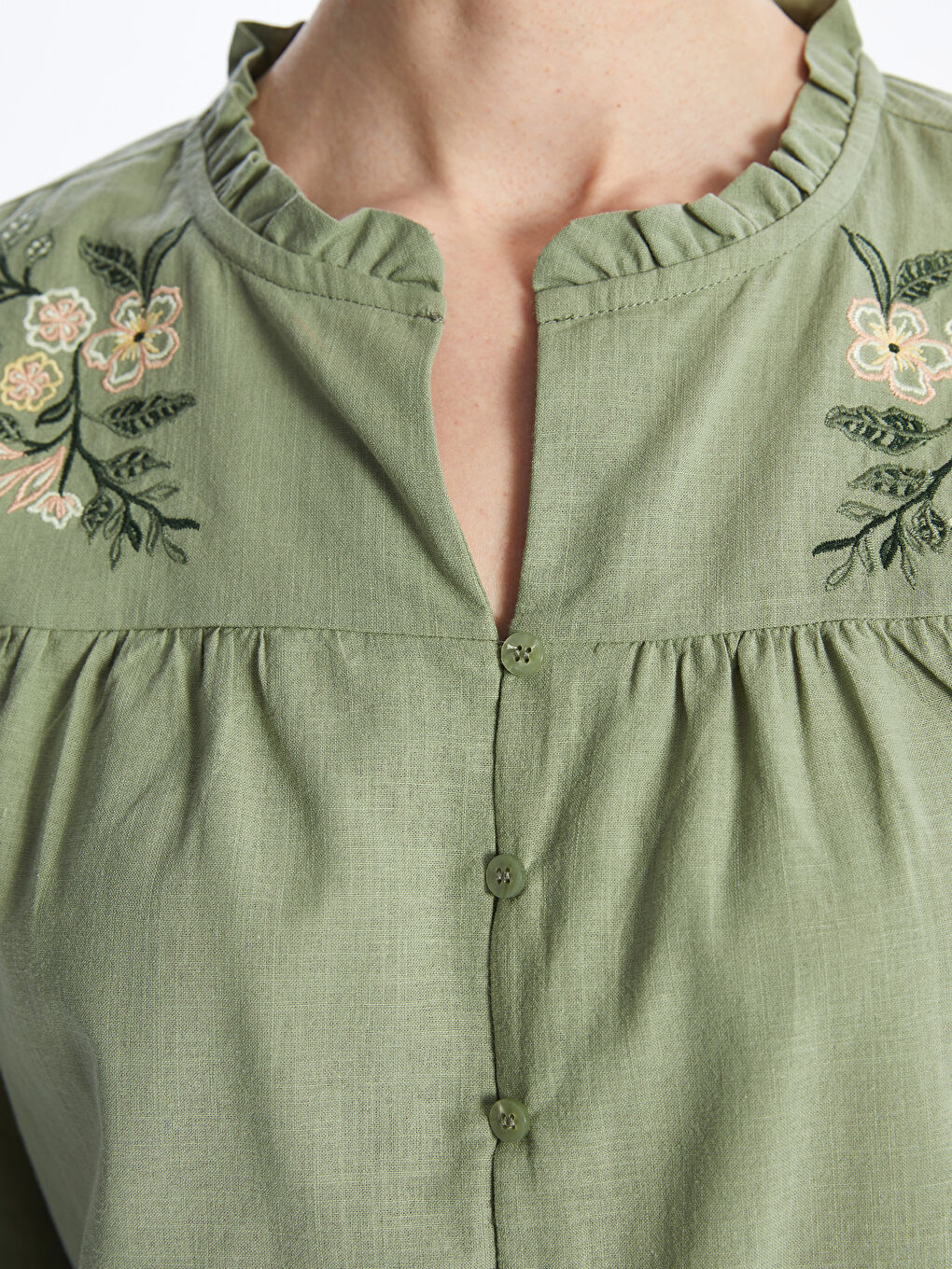 Ruffled Henley Neckline Embroidery Long Sleeve Women's Blouse -S46439Z8-GUY