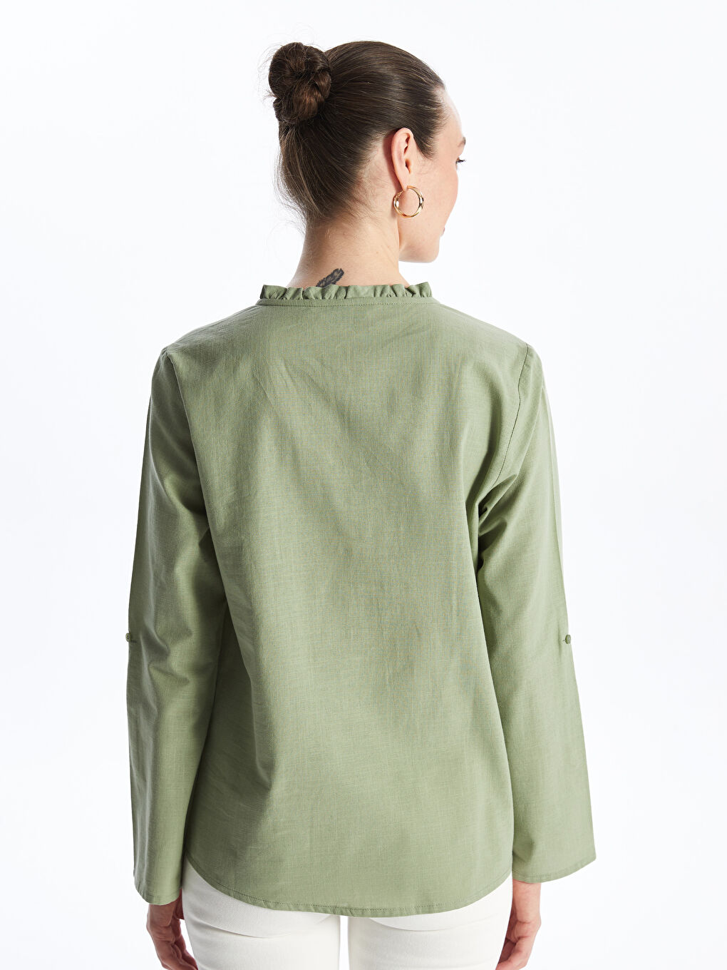 Ruffled Henley Neckline Embroidery Long Sleeve Women's Blouse -S46439Z8-GUY