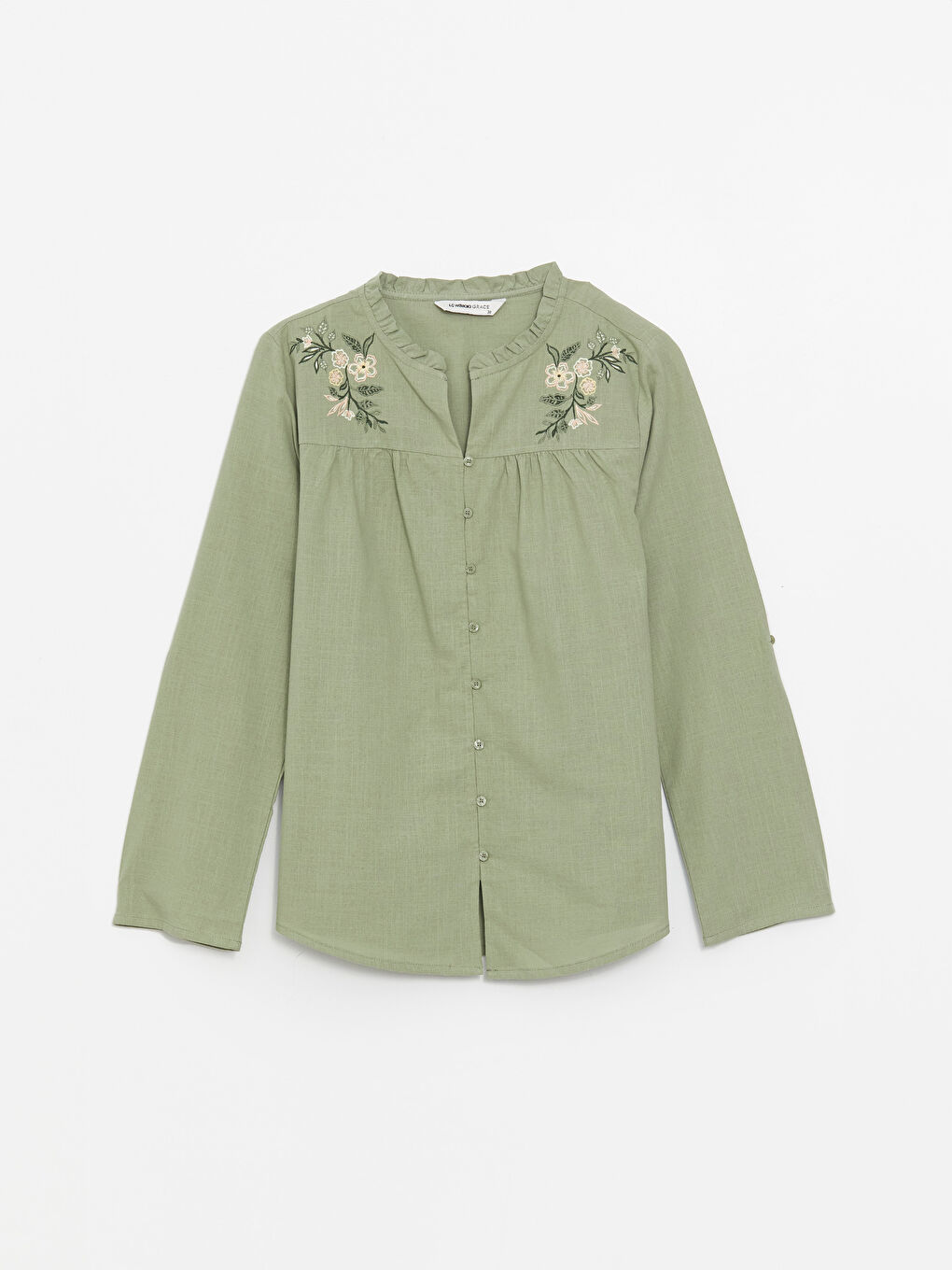 Ruffled Henley Neckline Embroidery Long Sleeve Women's Blouse -S46439Z8-GUY