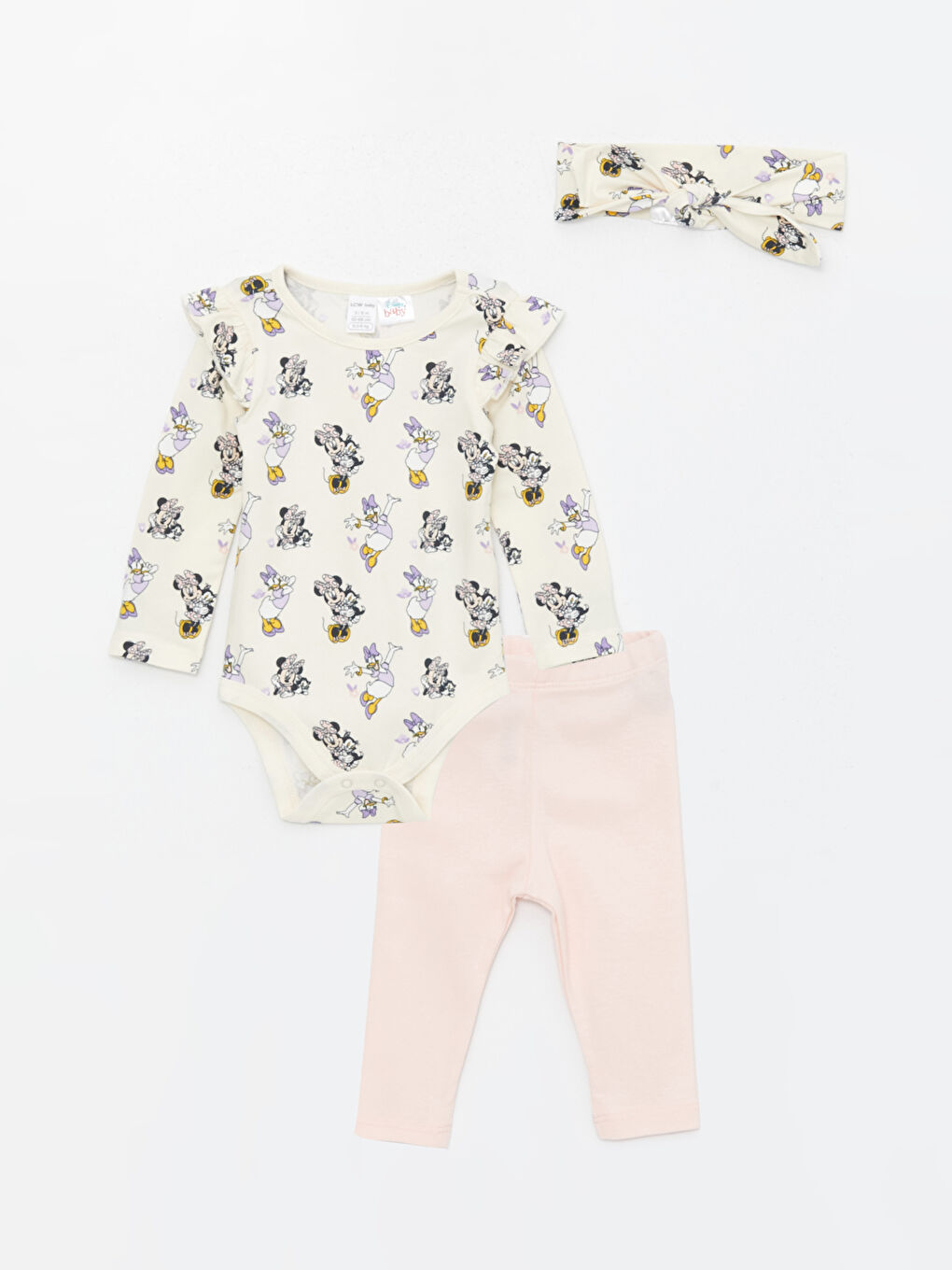 Crew Neck Long Sleeve Minnie Mouse Printed Baby Girls' Snap-Button Bodysuit Pants and Hairband 3-Pack Set -S46463Z1-LRB