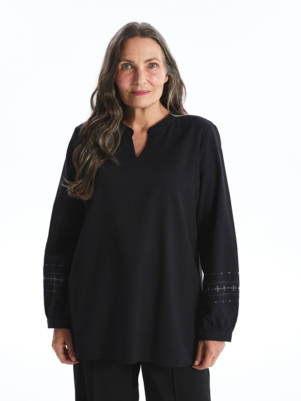 Henley Neckline Patterned Long Sleeve Women's Blouse -S46473Z8-CVL