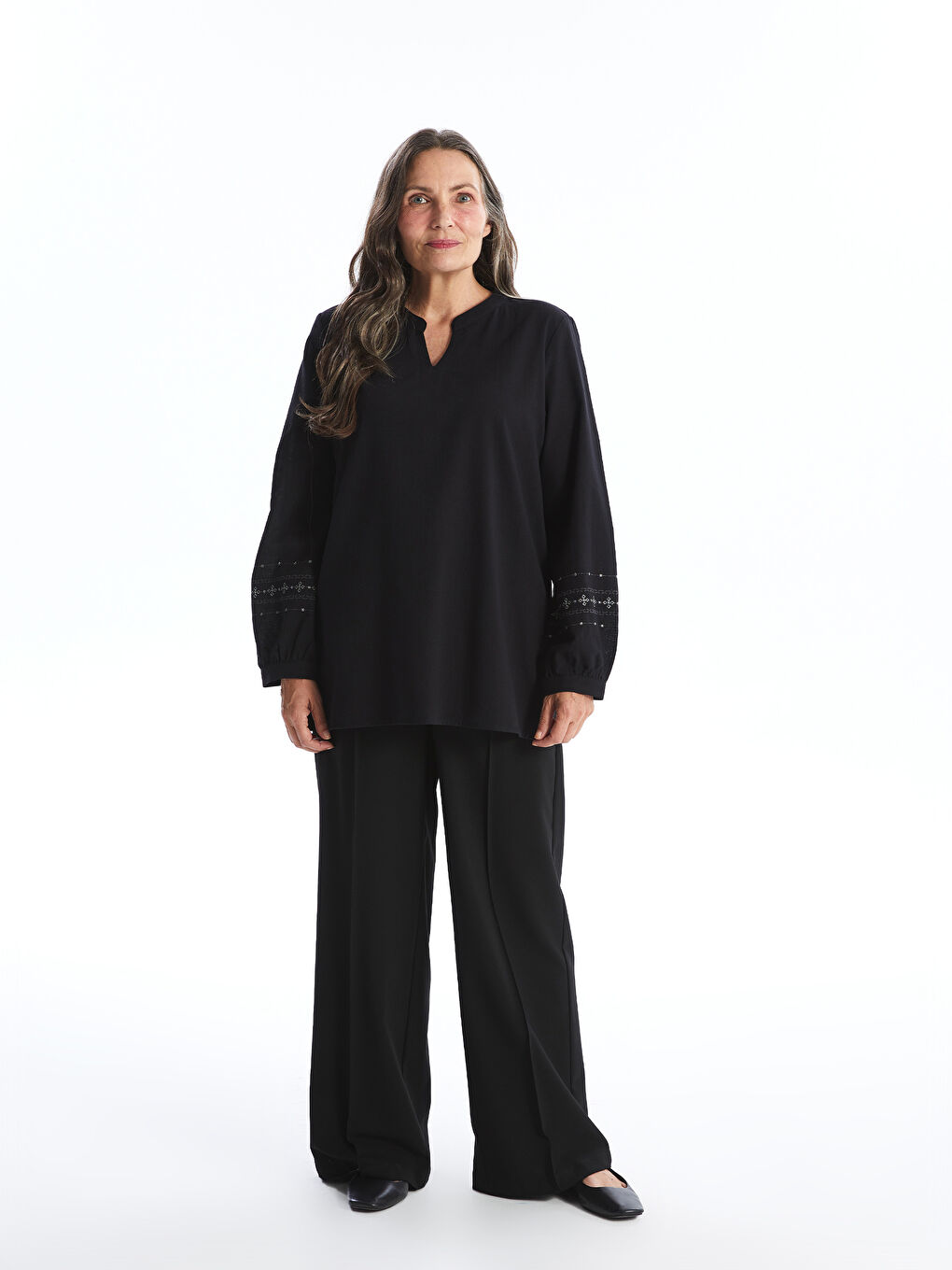 Henley Neckline Patterned Long Sleeve Women's Blouse -S46473Z8-CVL