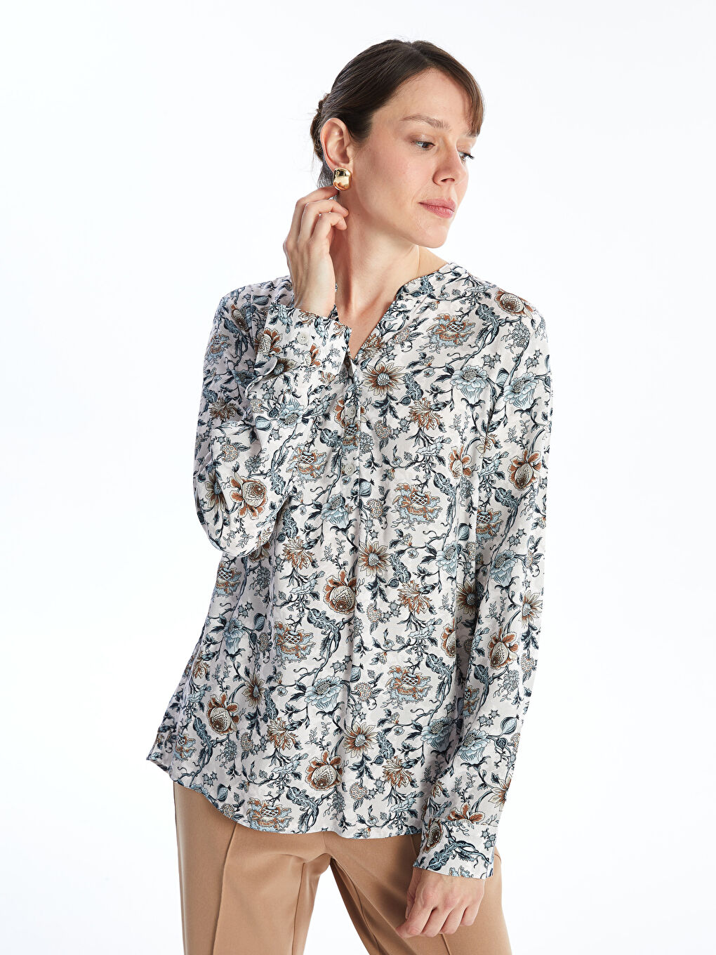 Women's Crew Neck Floral Long Sleeve Blouse -S46475Z8-LRA