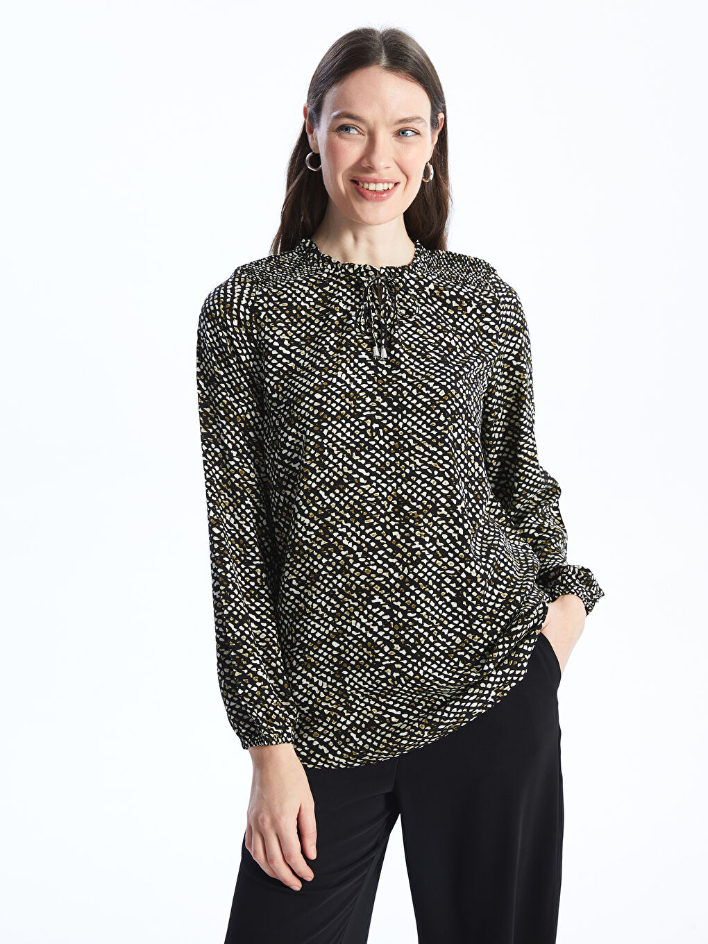 Ženska bluza sa dezenom dugih rukava na vezivanje -S46476Z8-SW5
