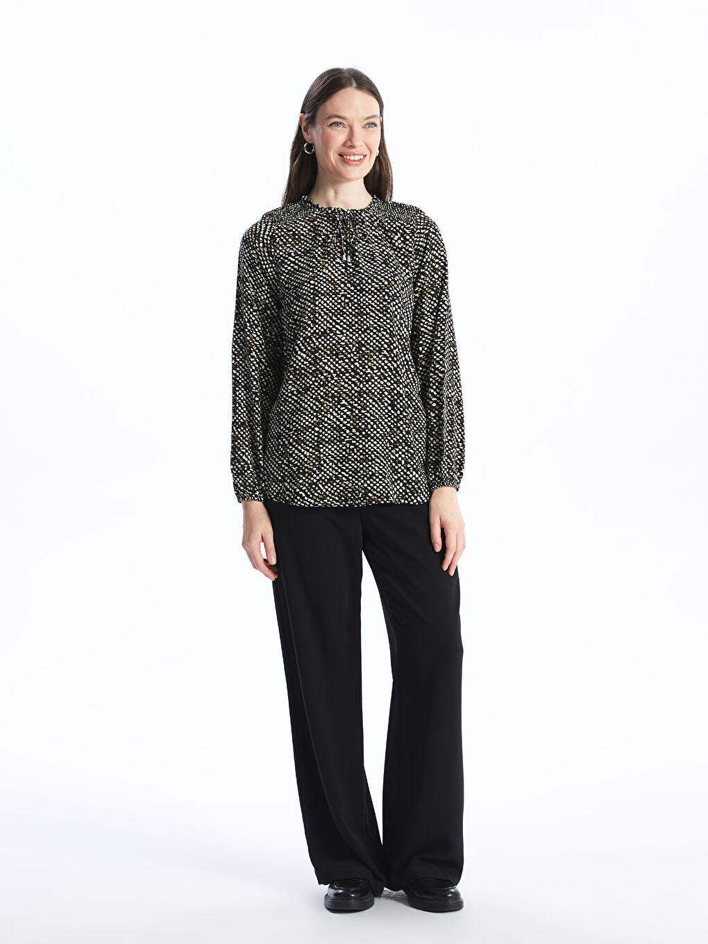 Ženska bluza sa dezenom dugih rukava na vezivanje -S46476Z8-SW5