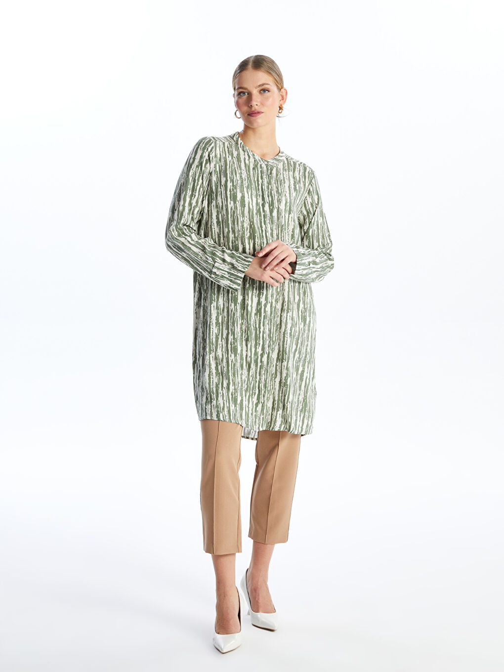 Crew Neck Patterned Women's Shirt Tunic -S46477Z8-LS6
