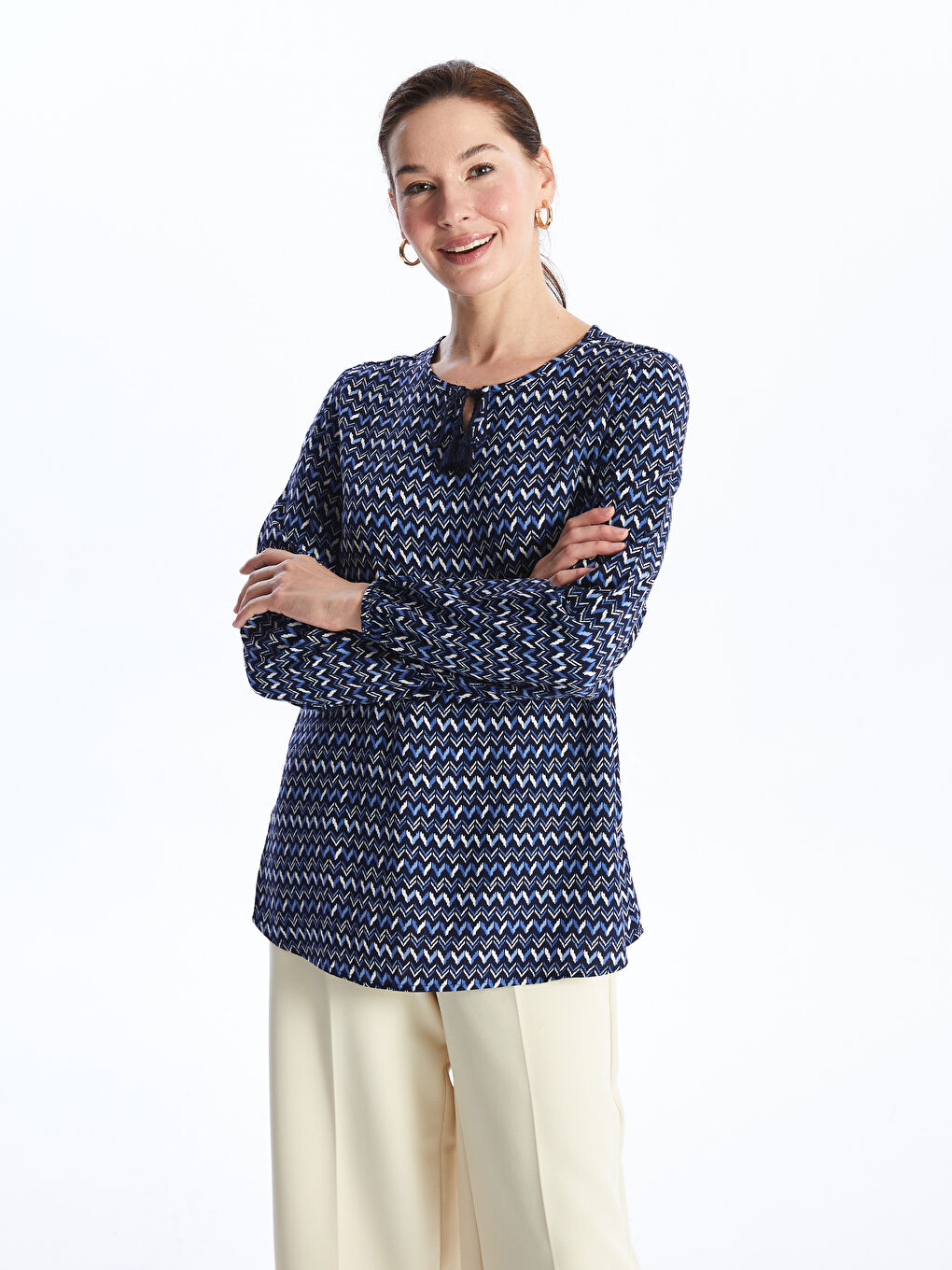 Tie Neck Patterned Long Sleeve Women's Blouse -S46483Z8-LSJ