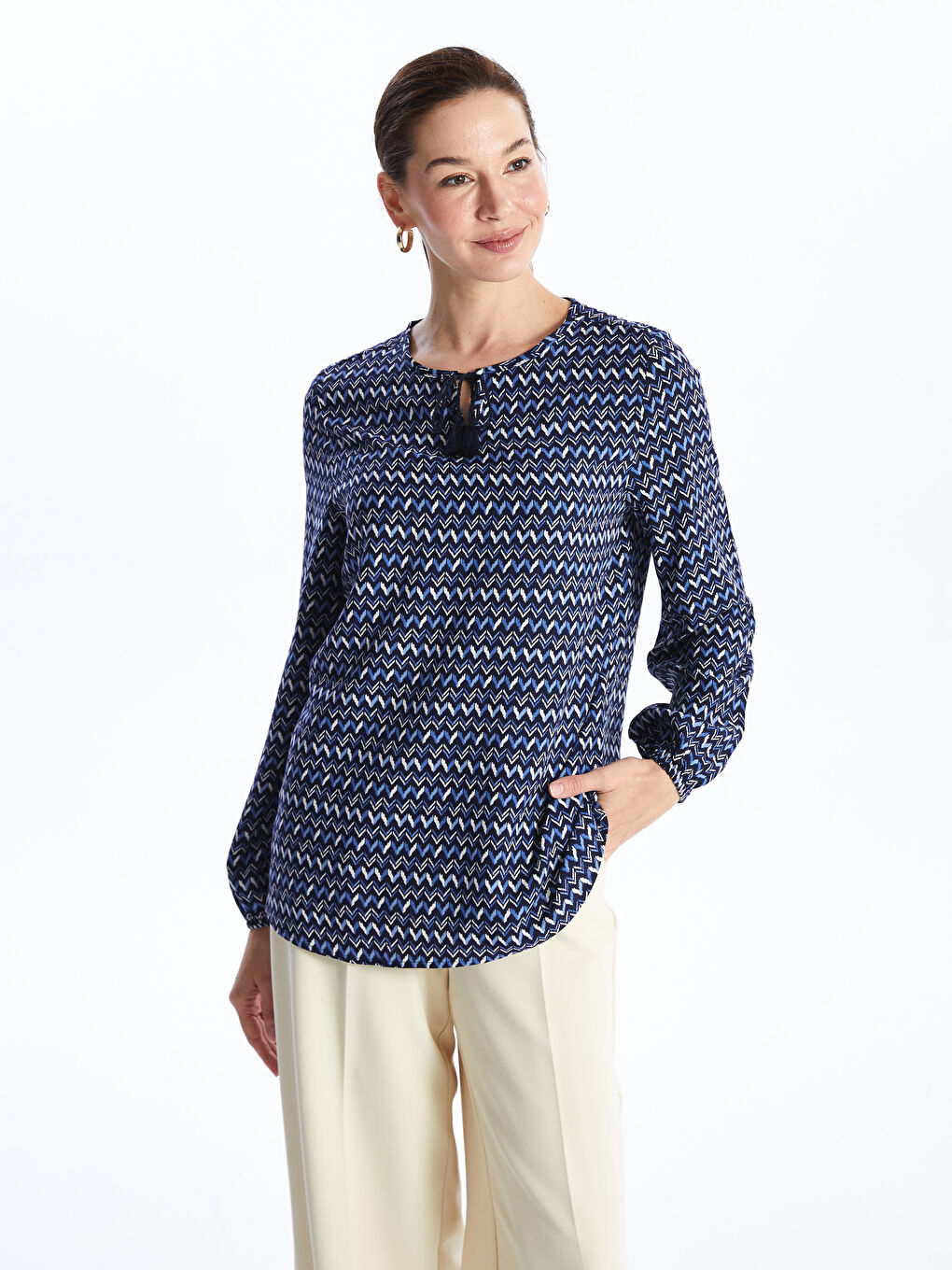 Tie Neck Patterned Long Sleeve Women's Blouse -S46483Z8-LSJ