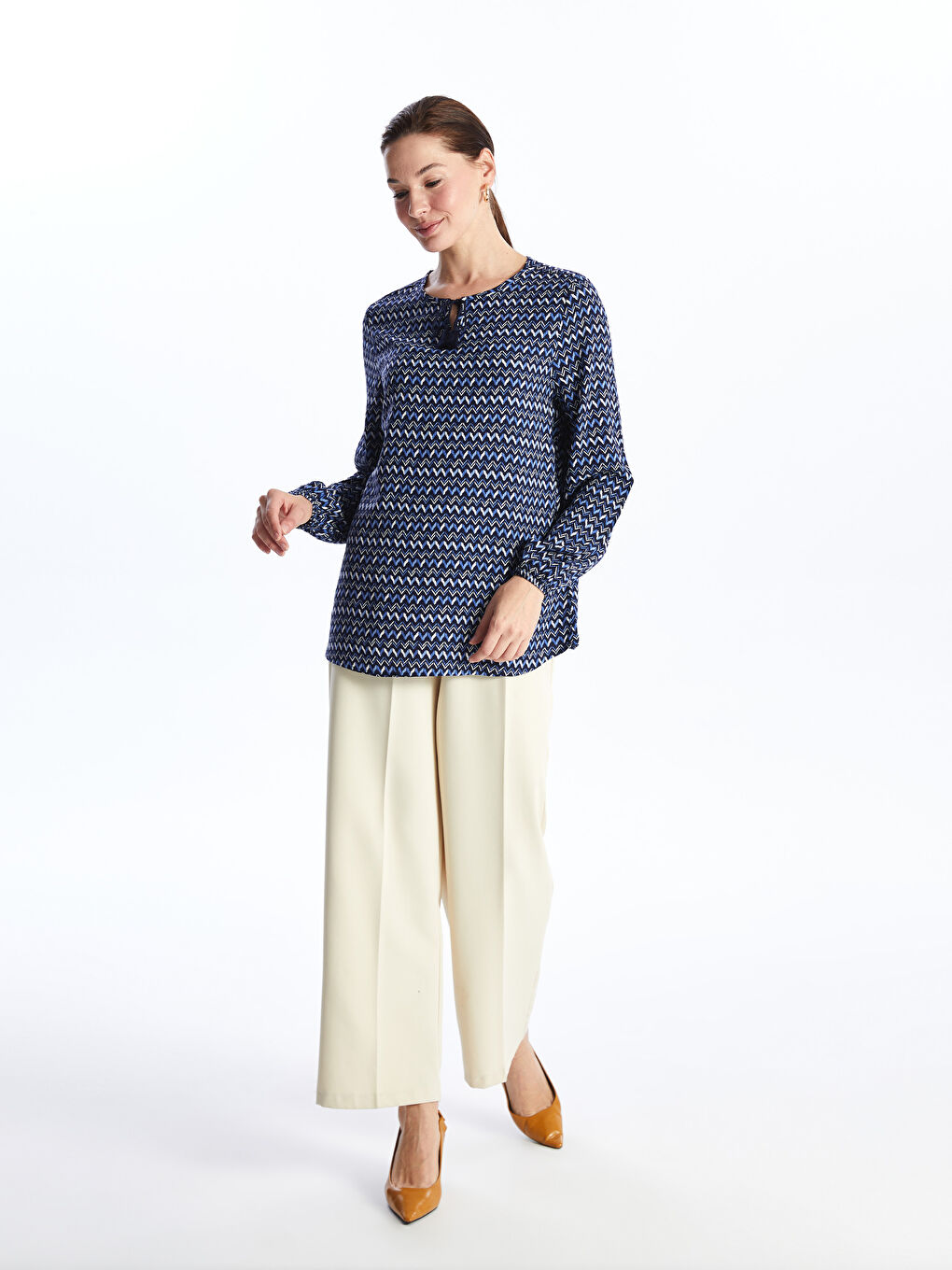 Tie Neck Patterned Long Sleeve Women's Blouse -S46483Z8-LSJ