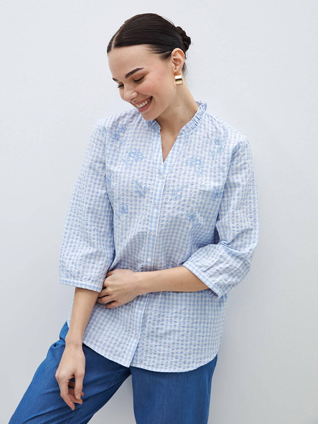 Henley Neckline Embroidered Women's Blouse -S46489Z8-LLC