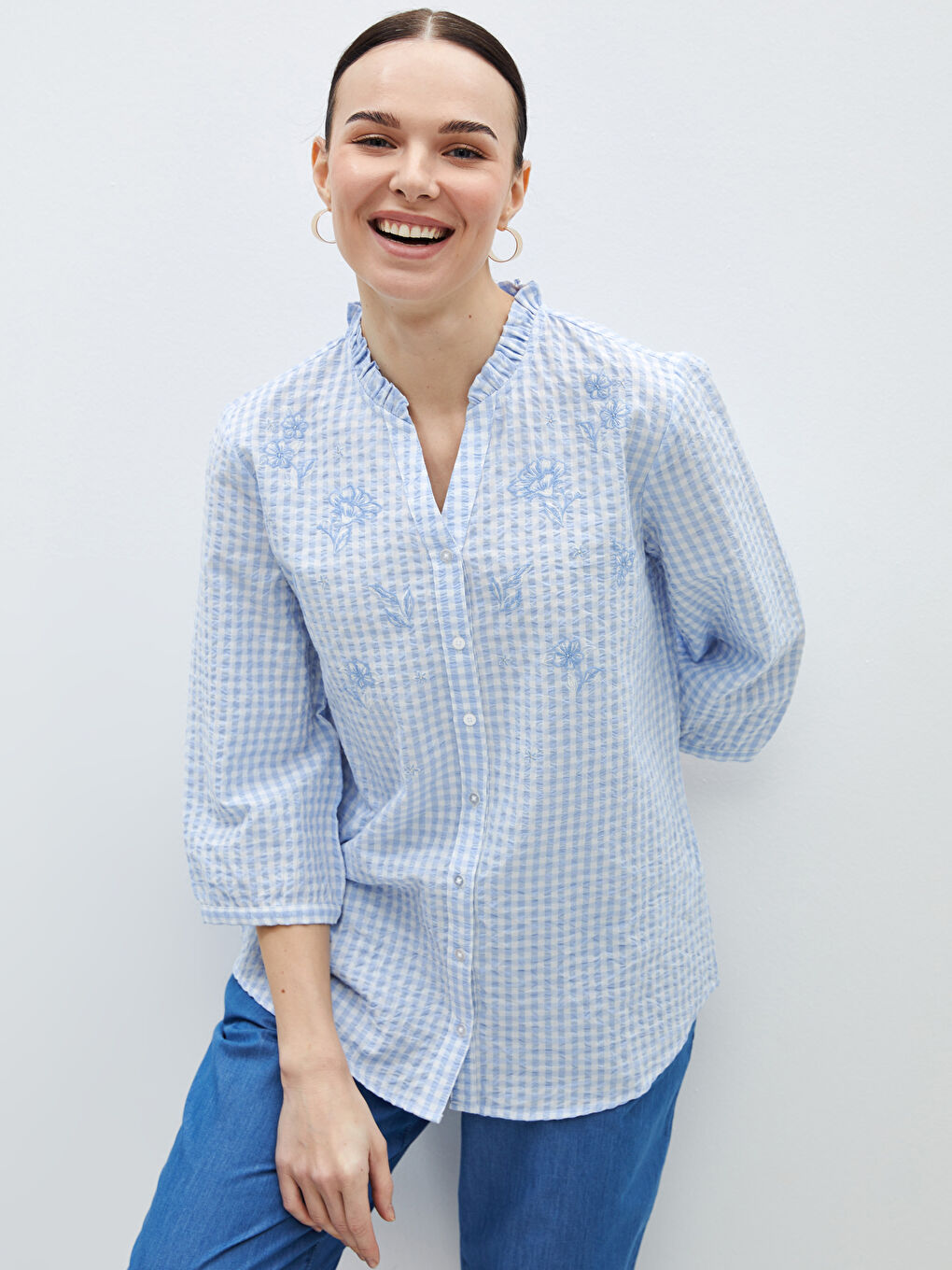 Henley Neckline Embroidered Women's Blouse -S46489Z8-LLC