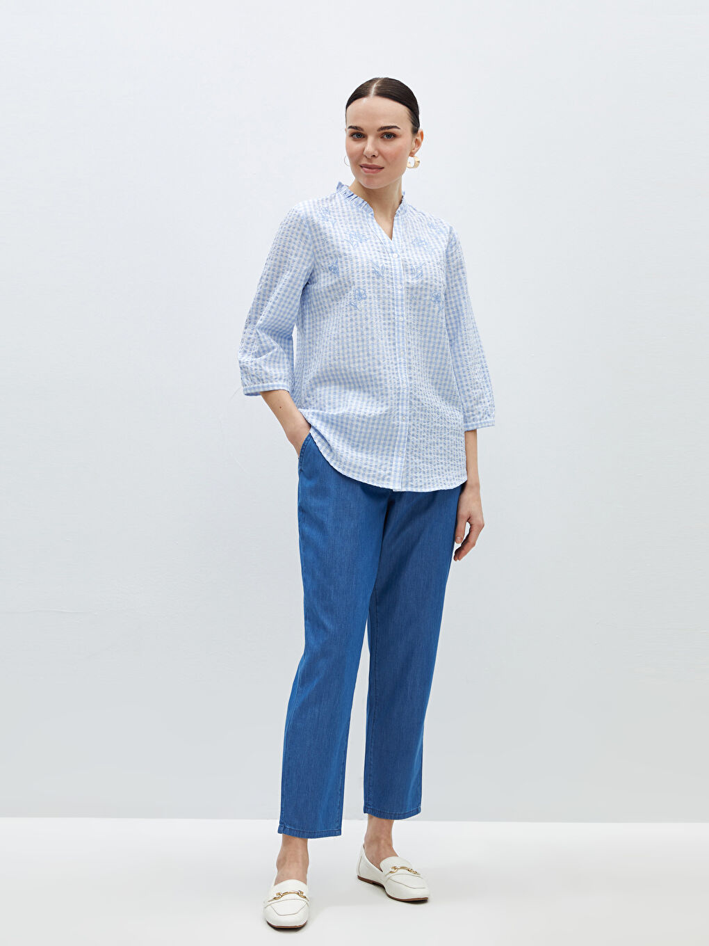 Henley Neckline Embroidered Women's Blouse -S46489Z8-LLC