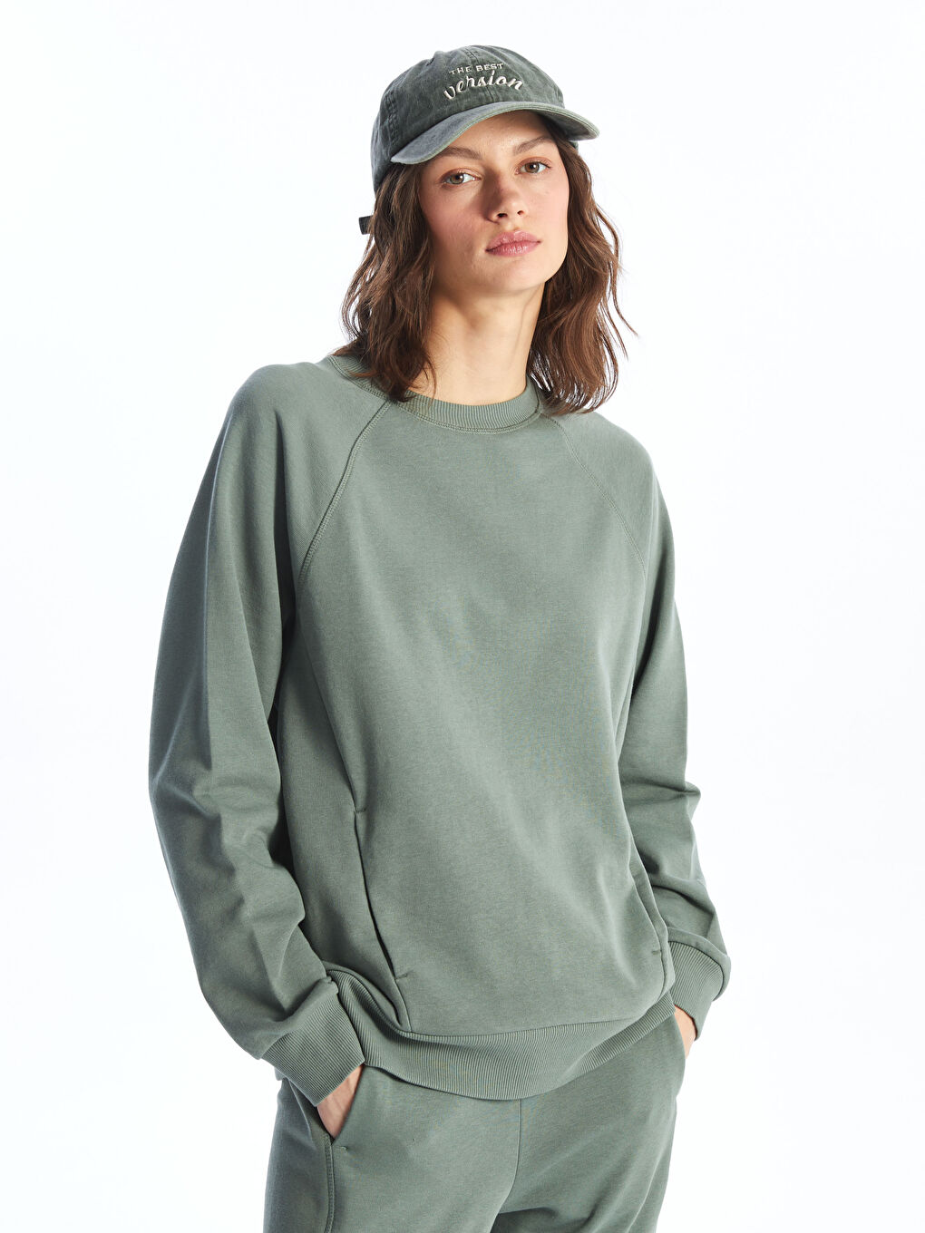 Haki Bisiklet Yaka Oversize Kadın Sweatshirt