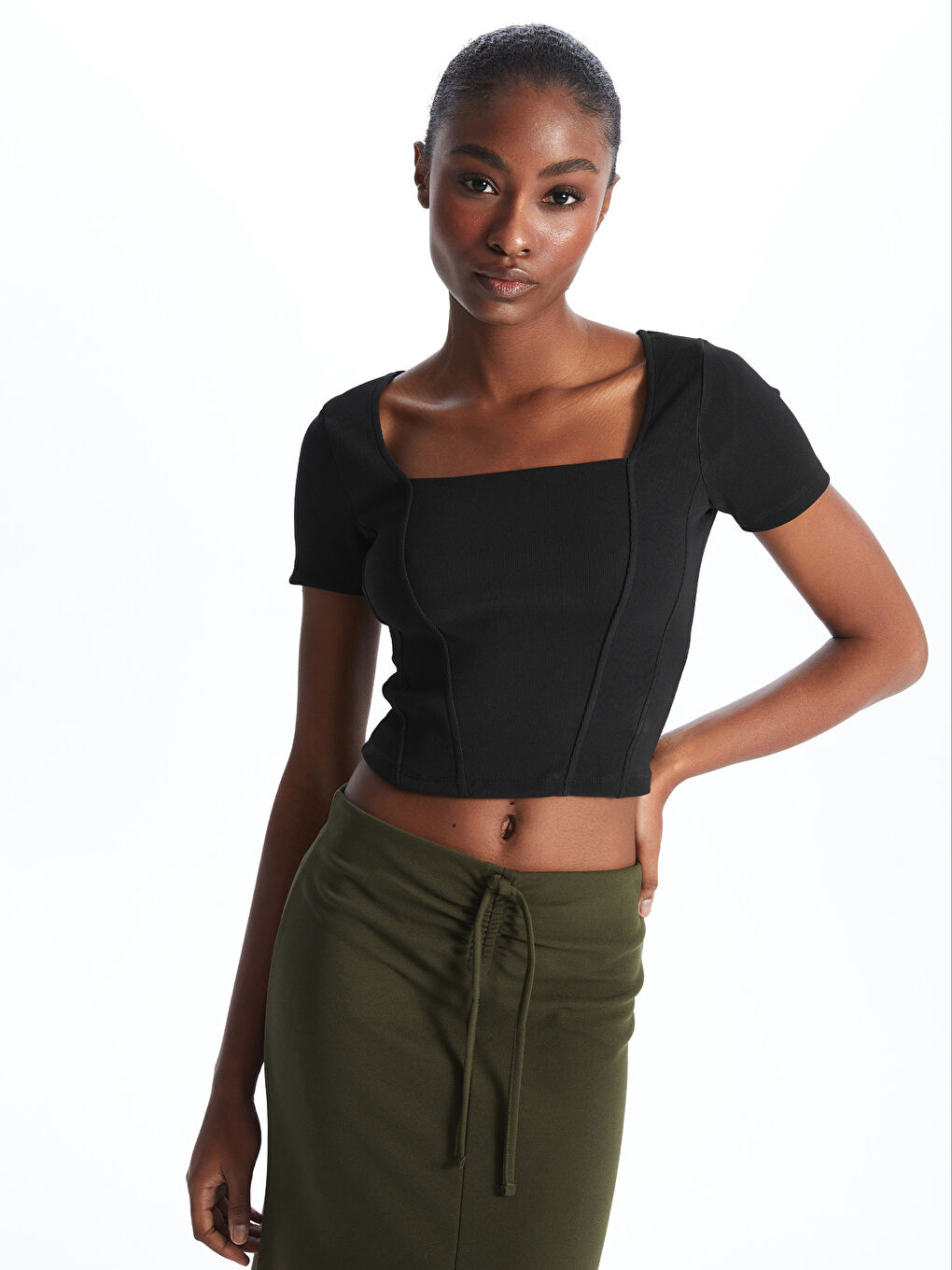 Square Collar Straight Short Sleeve Women's Crop -S46625Z8-CVL