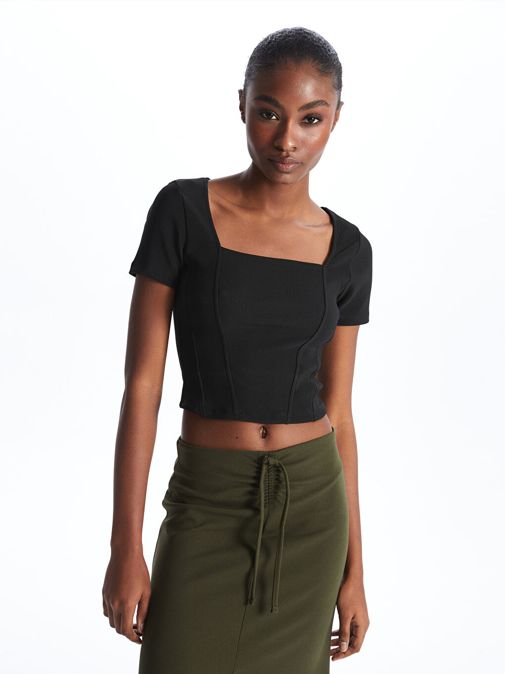 Square Collar Straight Short Sleeve Women's Crop -S46625Z8-CVL