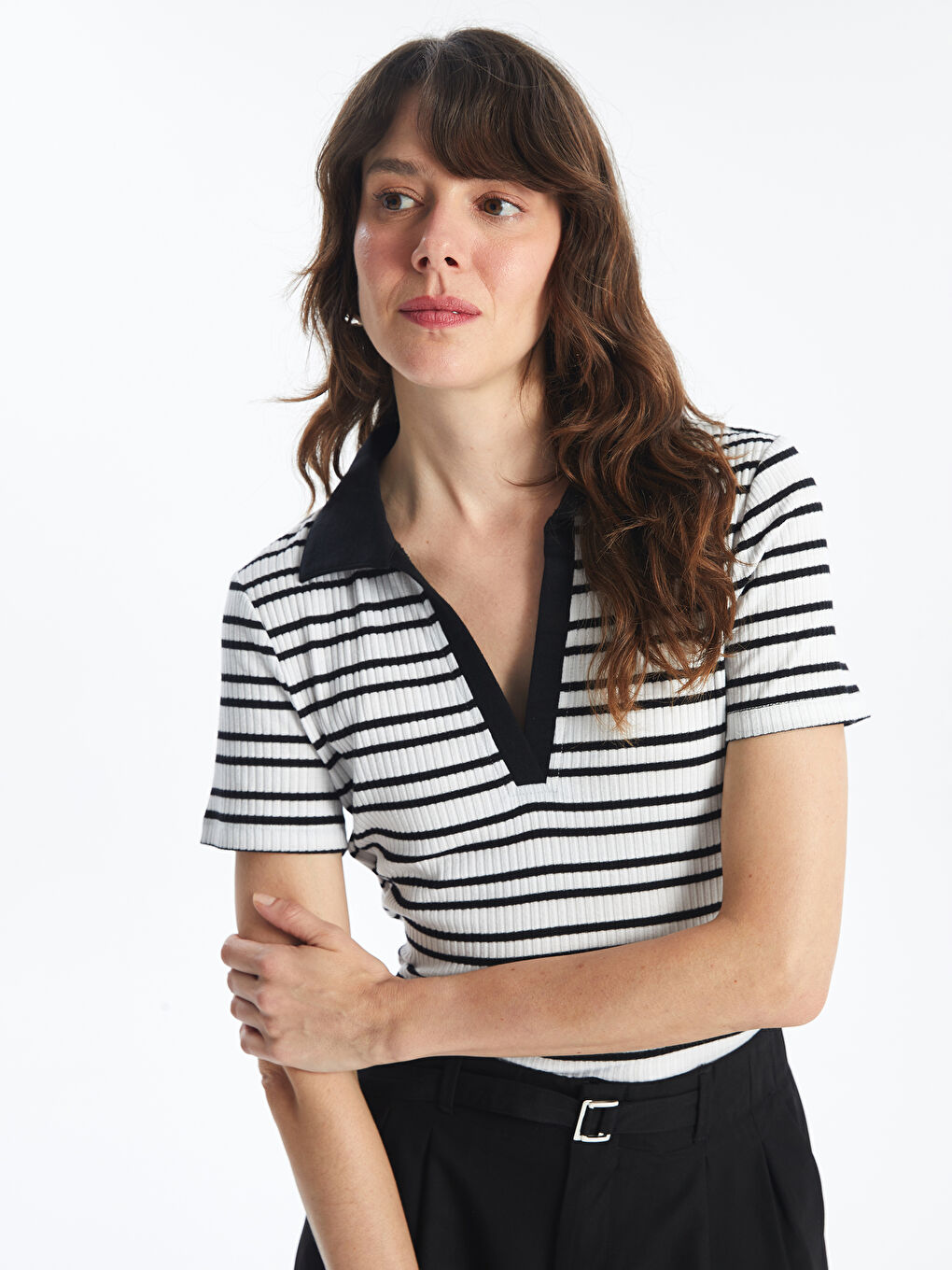 LC Waikiki Polo Neck Striped Short Sleeve Women's Crop Top -S46639Z8-LEG