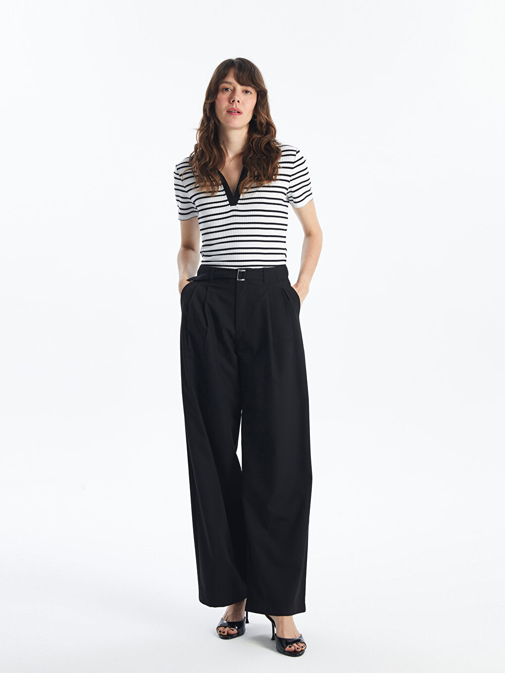 LC Waikiki Polo Neck Striped Short Sleeve Women's Crop Top -S46639Z8-LEG