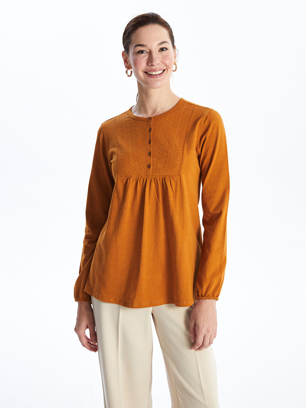 Crew Neck Embroidered Long Sleeve Women's Blouse -S46651Z8-H1V