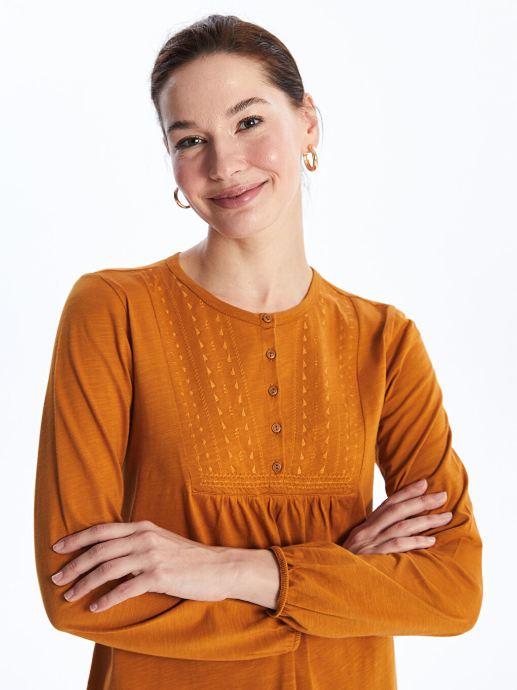 Crew Neck Embroidered Long Sleeve Women's Blouse -S46651Z8-H1V