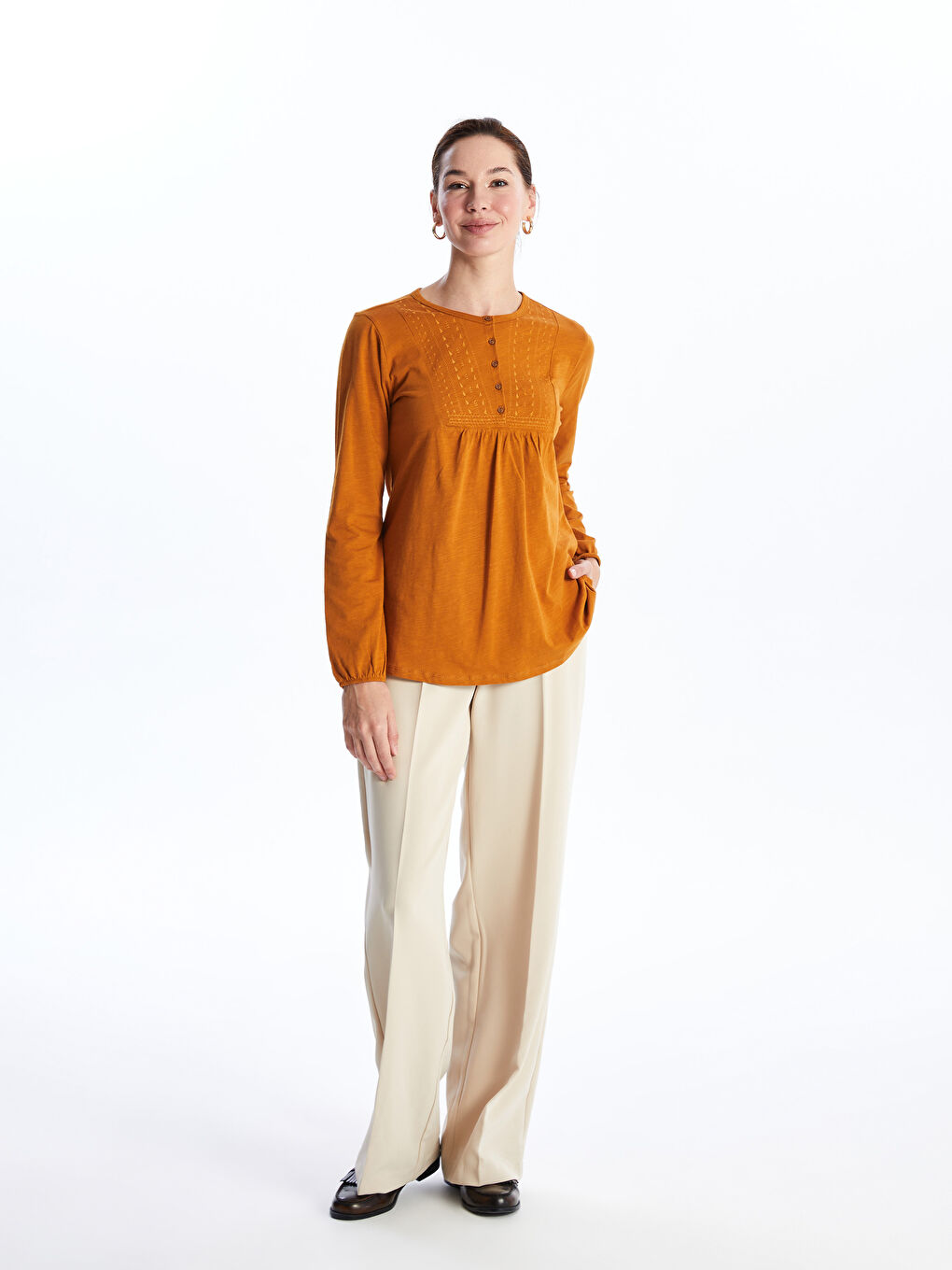 Crew Neck Embroidered Long Sleeve Women's Blouse -S46651Z8-H1V