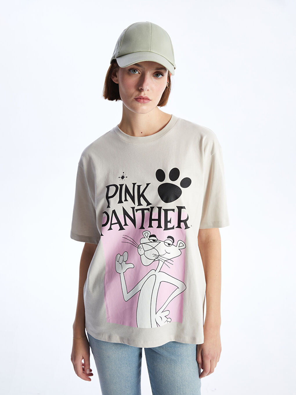 Crew Neck Pink Panther Printed Short-Sleeve Oversized Women's T-Shirt -S46659Z8-G5M