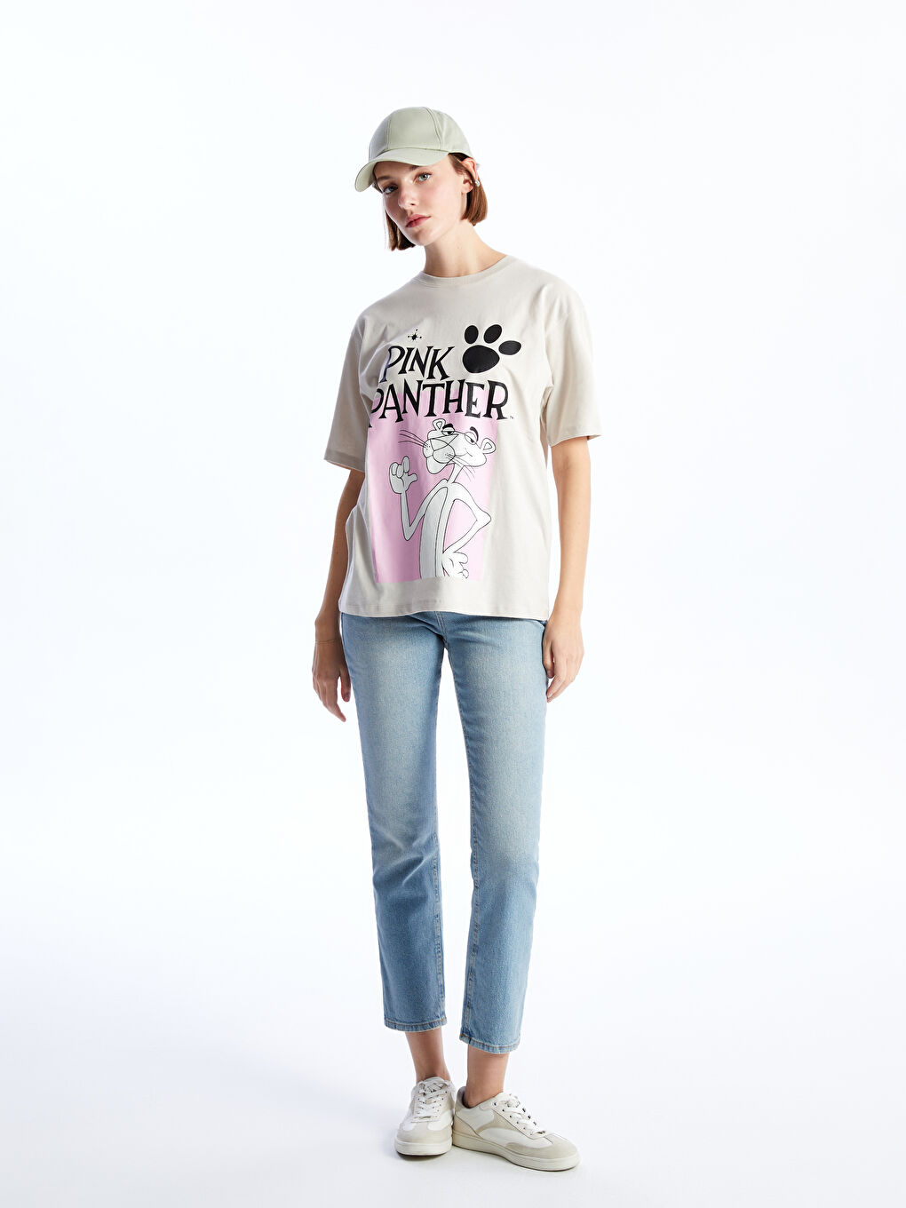Crew Neck Pink Panther Printed Short-Sleeve Oversized Women's T-Shirt -S46659Z8-G5M