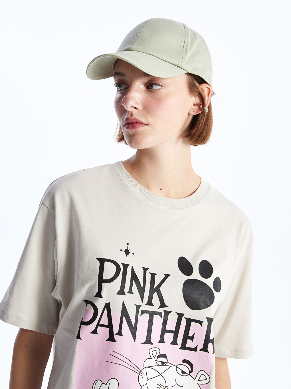 Crew Neck Pink Panther Printed Short-Sleeve Oversized Women's T-Shirt -S46659Z8-G5M
