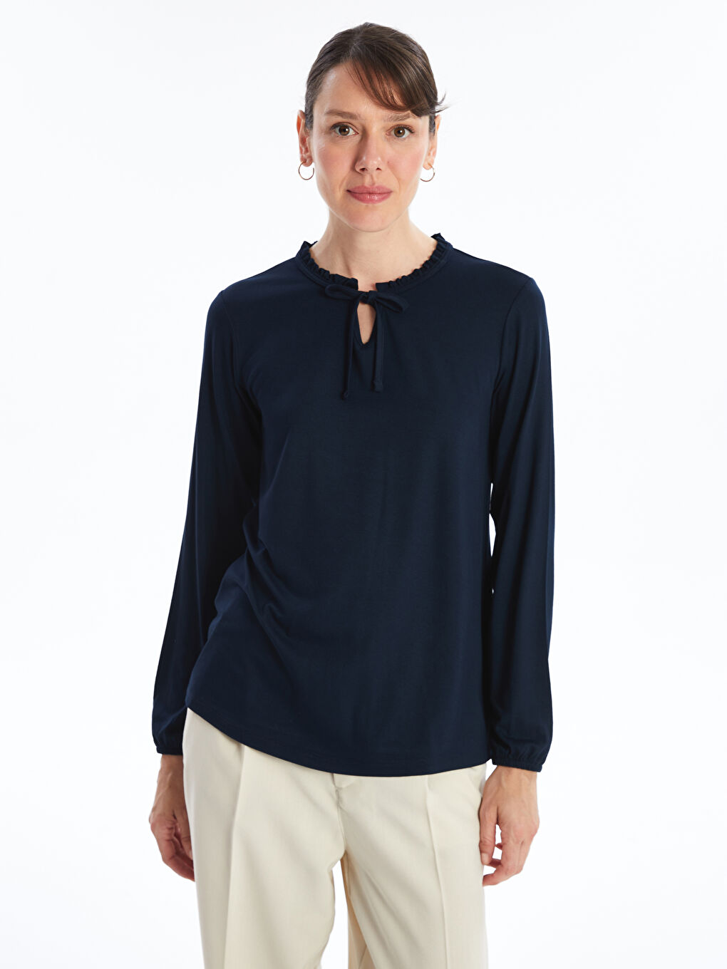 Tie Collar Straight Long Sleeve Women Blouse -S46676Z8-E1J