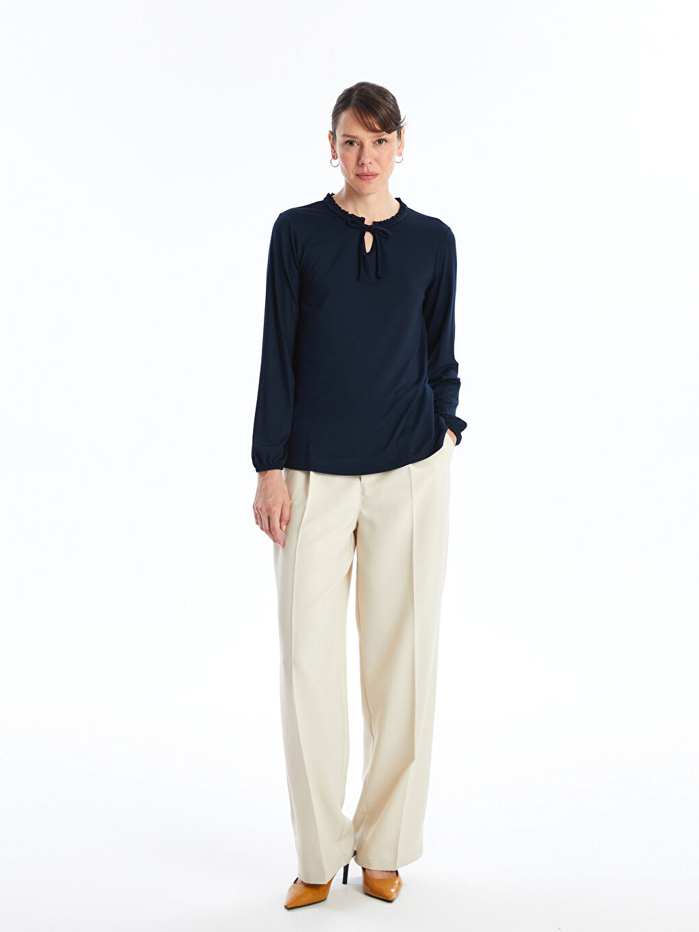 Tie Collar Straight Long Sleeve Women Blouse -S46676Z8-E1J