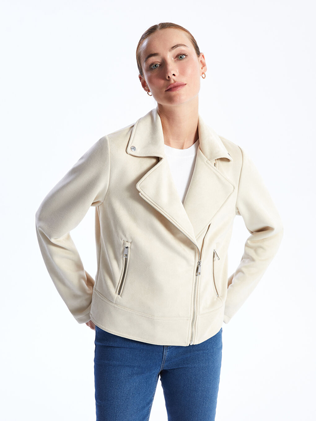 Biker Neck Women's Faux Suede Coat -S46710Z8-QW4