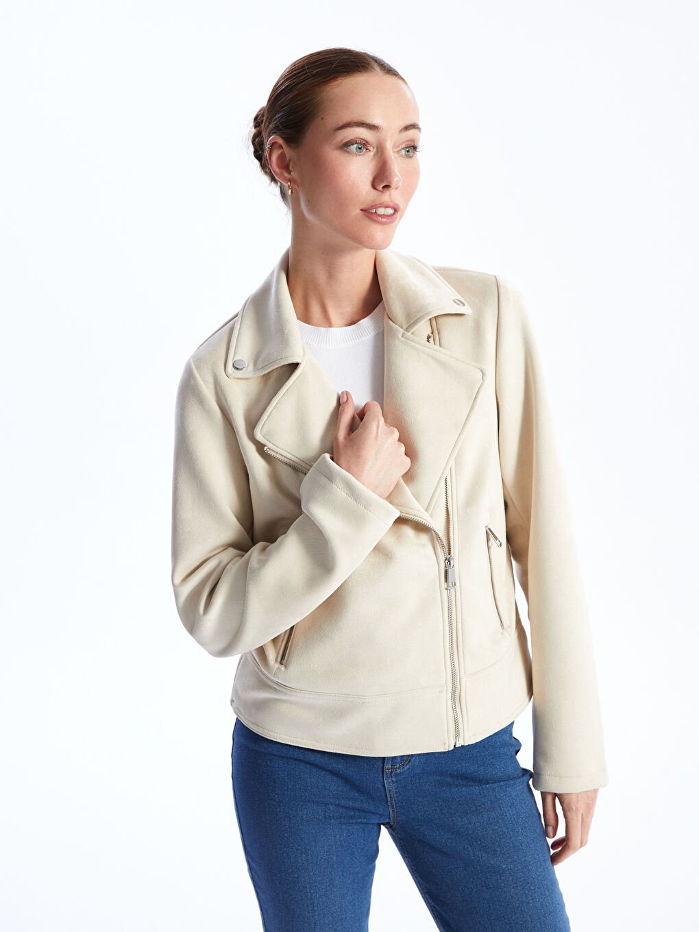 Biker Neck Women's Faux Suede Coat -S46710Z8-QW4
