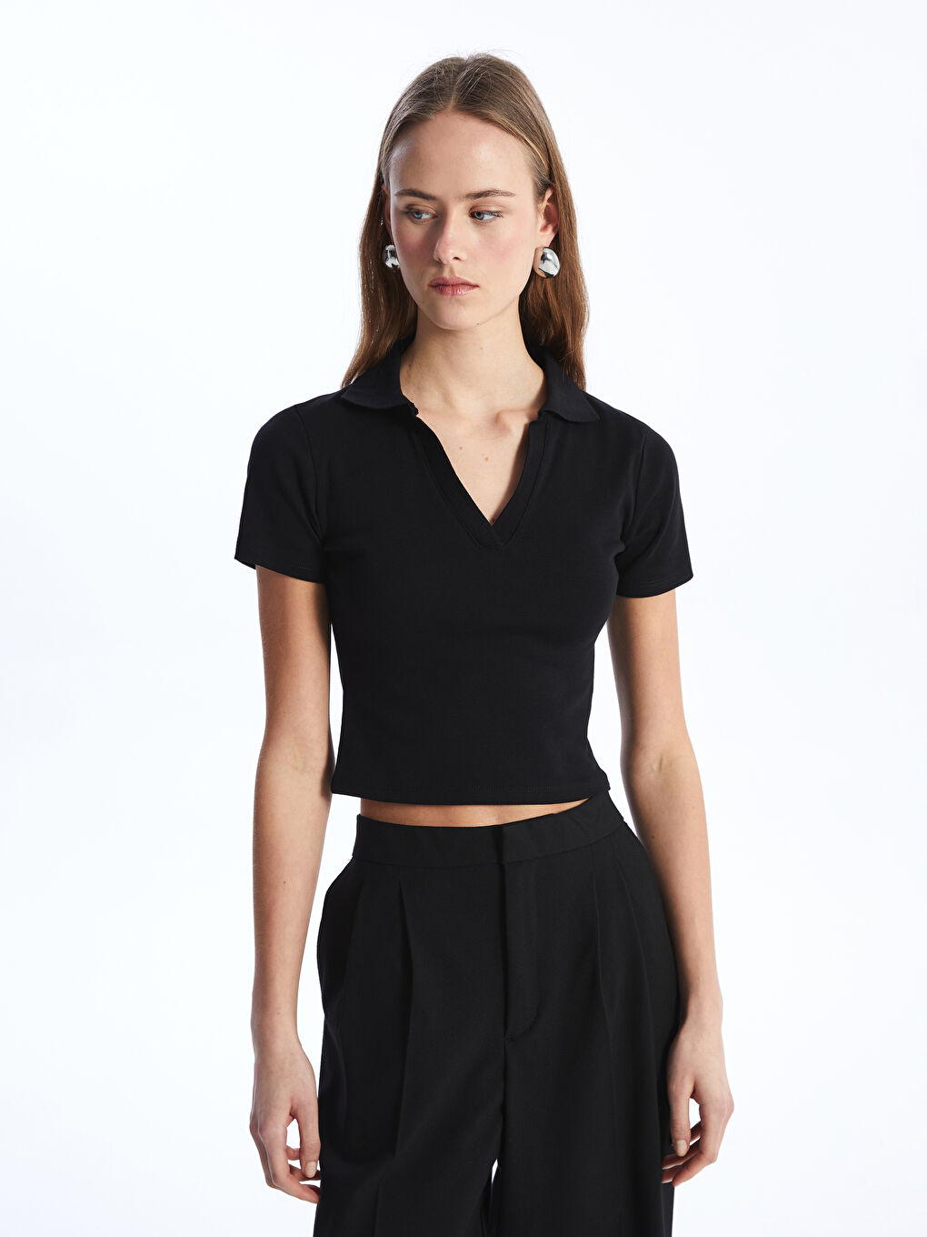 Polo Collar Straight Short Sleeve Crop Women's T-Shirt -S46735Z8-CVL