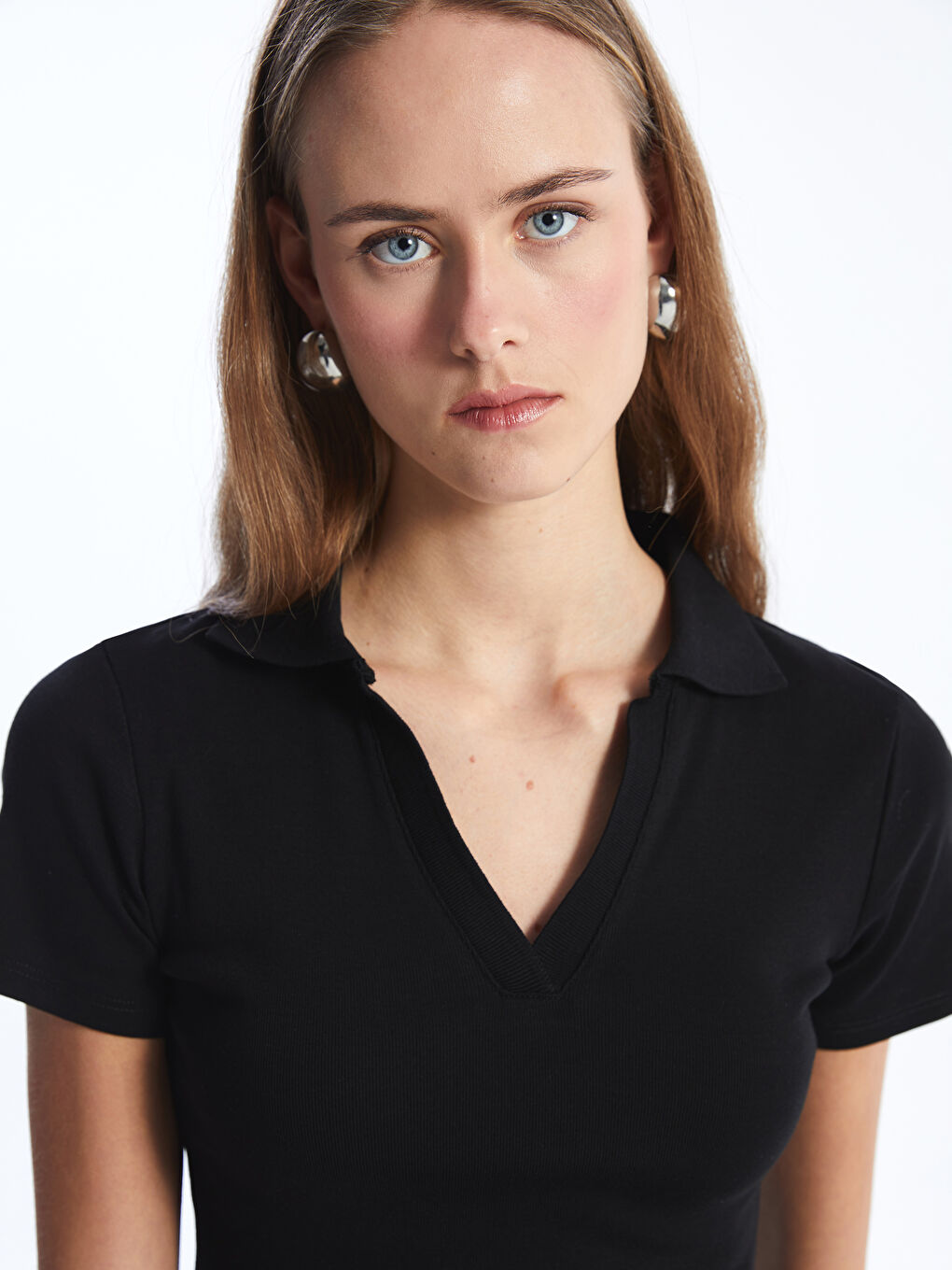 Polo Collar Straight Short Sleeve Crop Women's T-Shirt -S46735Z8-CVL