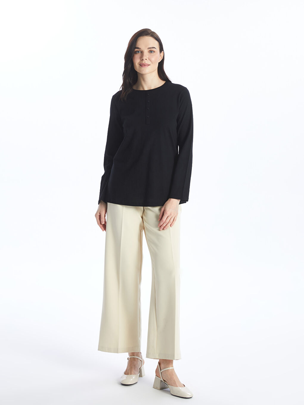 Crew Neck Plain Long Sleeve Women's T-Shirt-1