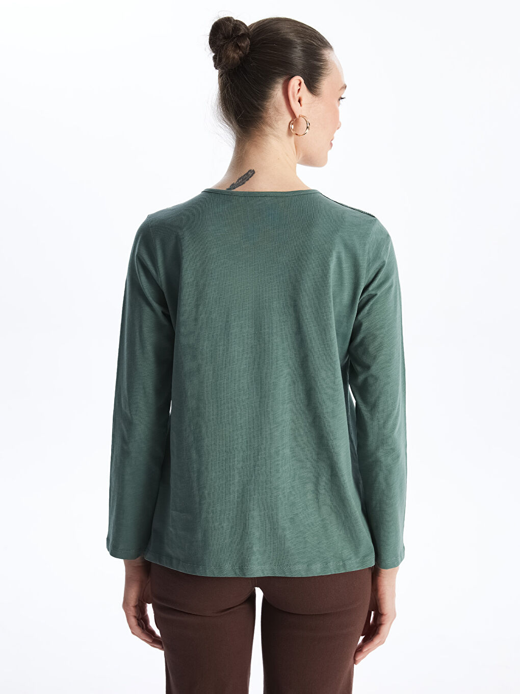 Yeşil Bağlamalı Yaka Nakışlı Uzun Kollu Kadın Bluz-4